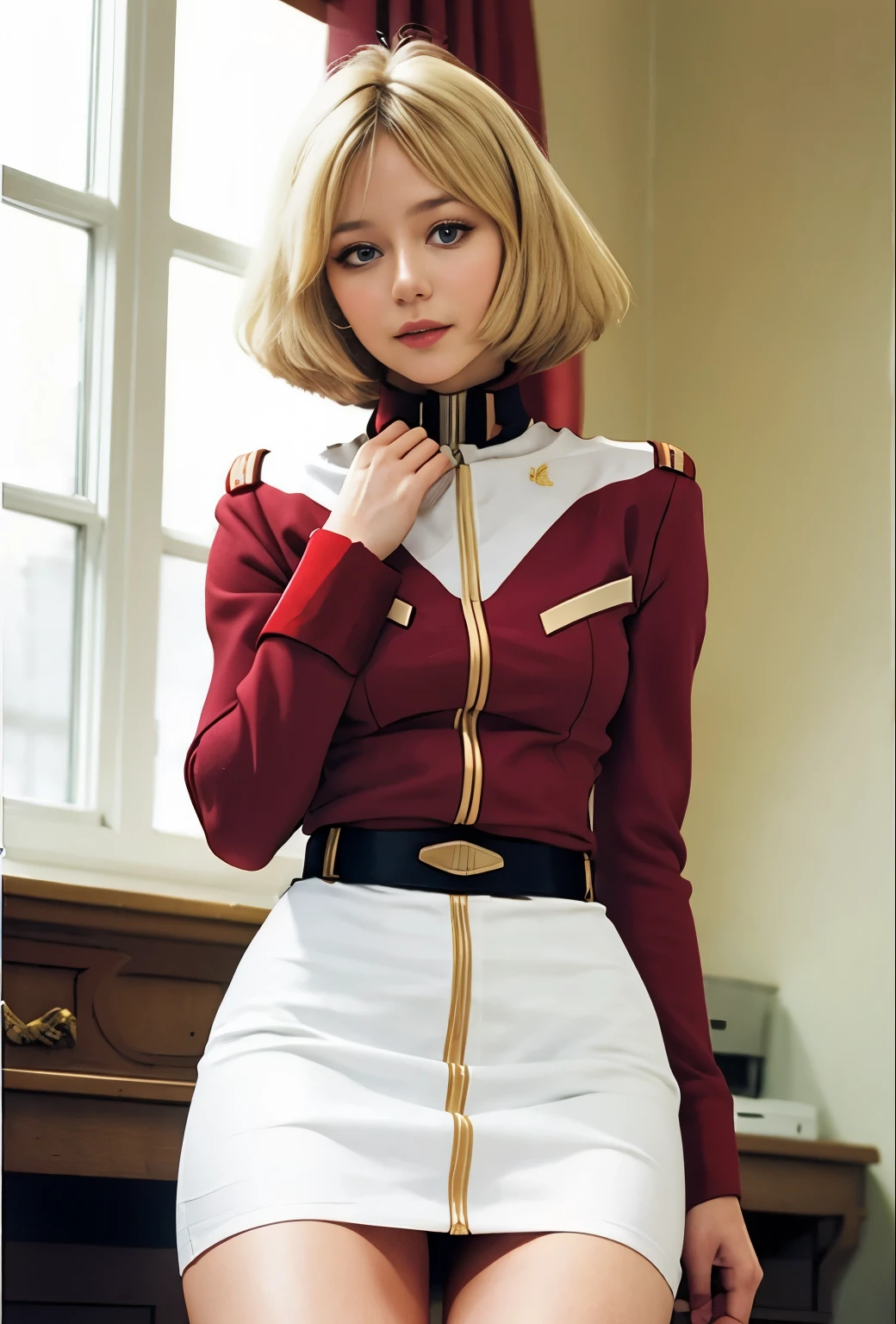 real photos、Highest image quality、real image、federal army uniform、mini skirt、bare legs、Frau Bow、cute girl、1６old beautiful girl、Sayla Mass、（white panties:1.3）、超mini skirt、beautiful thighs、white pantieini skirtがめくれてwhite pantiesが見えてる