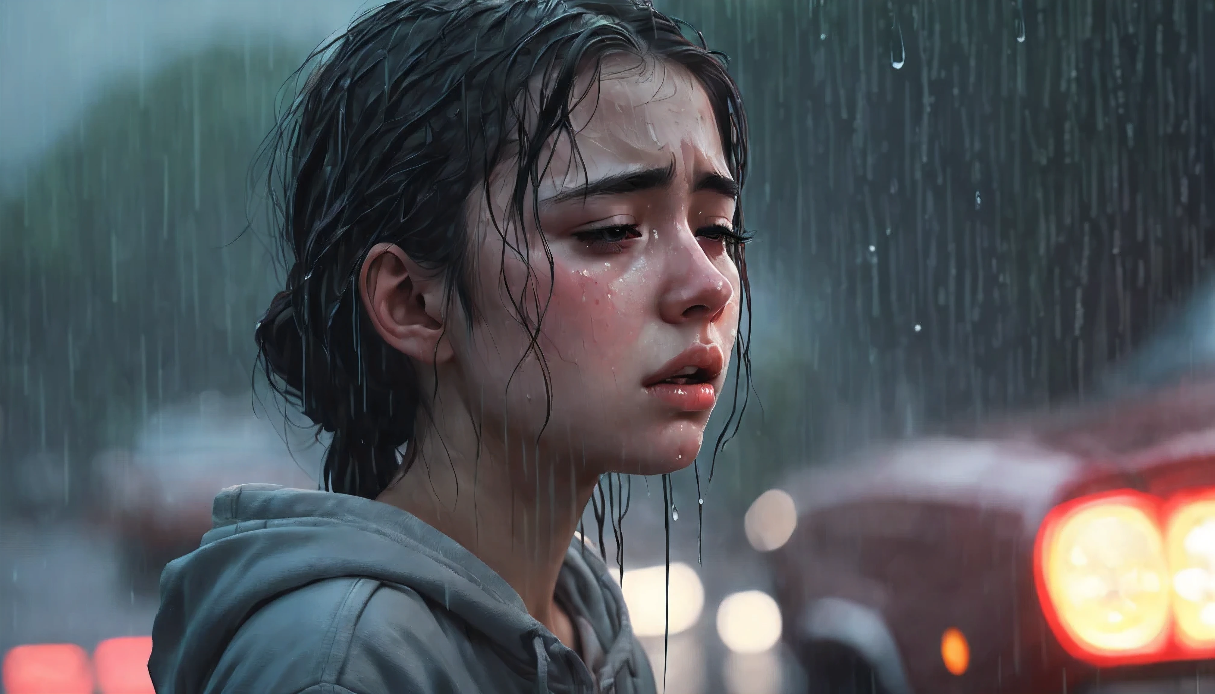 A girl cries in the melancholy rain, Scene, depicted in dreamlike lo-fi style on ArtStation. Her tear-stained face is beautifully captured., her sadness is palpable in soft drops, falling around her. The shades of rain create an atmosphere of bittersweet sadness, and the attention to detail in the girl’s facial expression is amazing.. This emotionally charged image evokes a sense of empathy and introspection.., demonstration of the author&#39;s skill and artistry.
