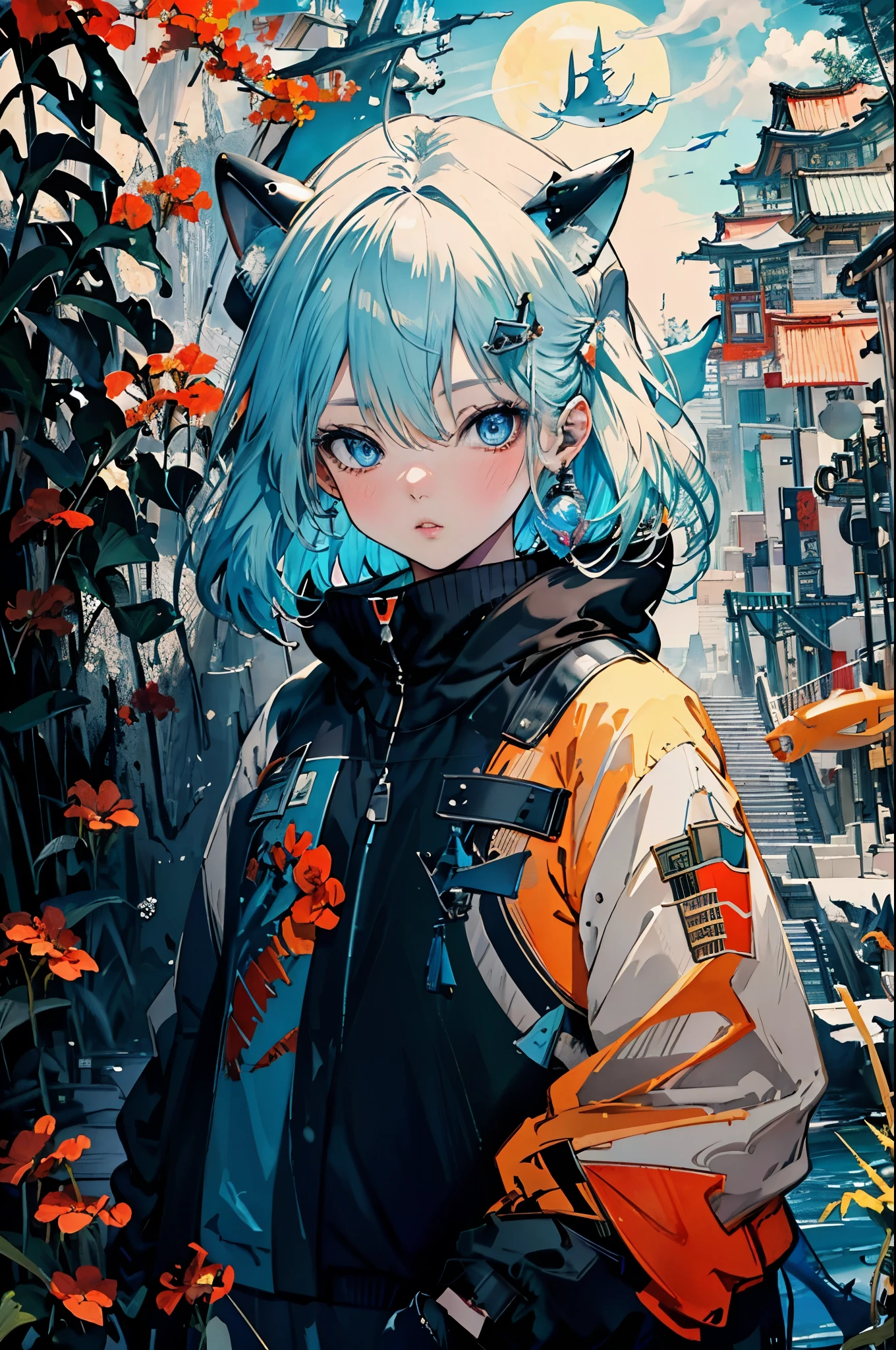 best quality, 4K wallpaper, masterpiece, extremely detailed CG unity 8k wallpaper, extremely detailed eyes, ultra-detailed, intricate details, jppop art style, japanese style, 1girl,  Gura, multicolored hair, blue eyes, shark hair ornament, lips, shark tail, shark hair ornament, shark hoodie, looking at viewer, flower object, lampion object, full moon, upper body, 