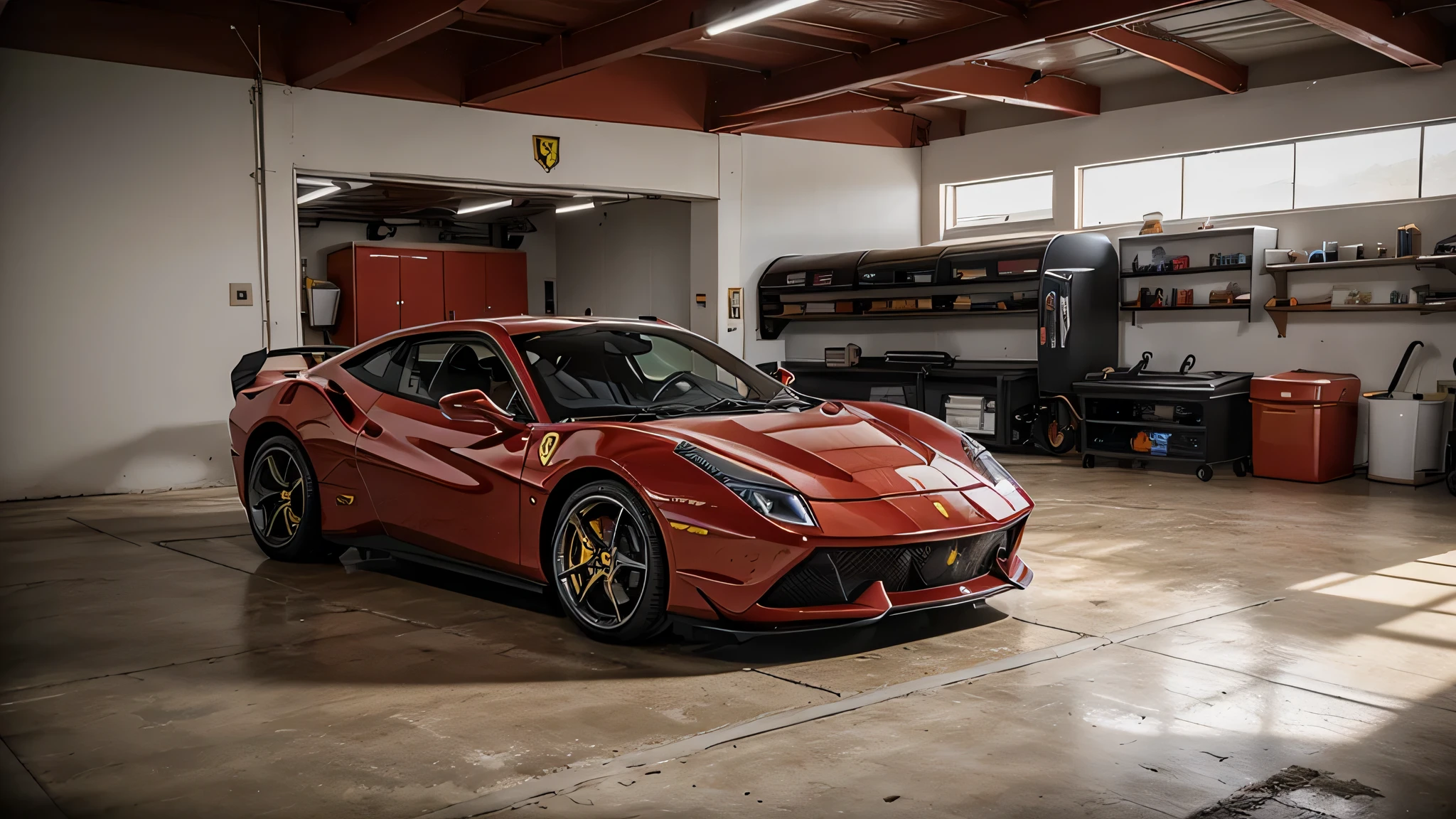 poodle pequeno em cima de uma ferrari vermelha sf90 na garagem