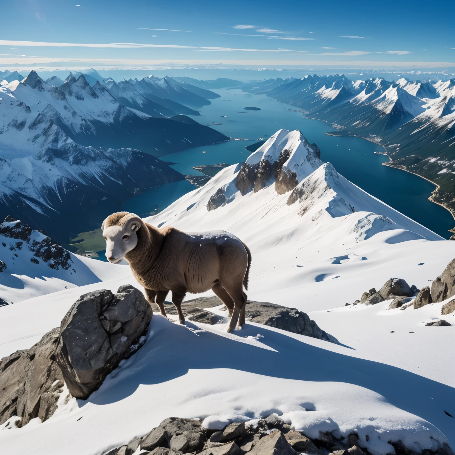 Vue depuis l'espace, une planète avec une grosse montagne . Un mouton au sommet de cette montagne