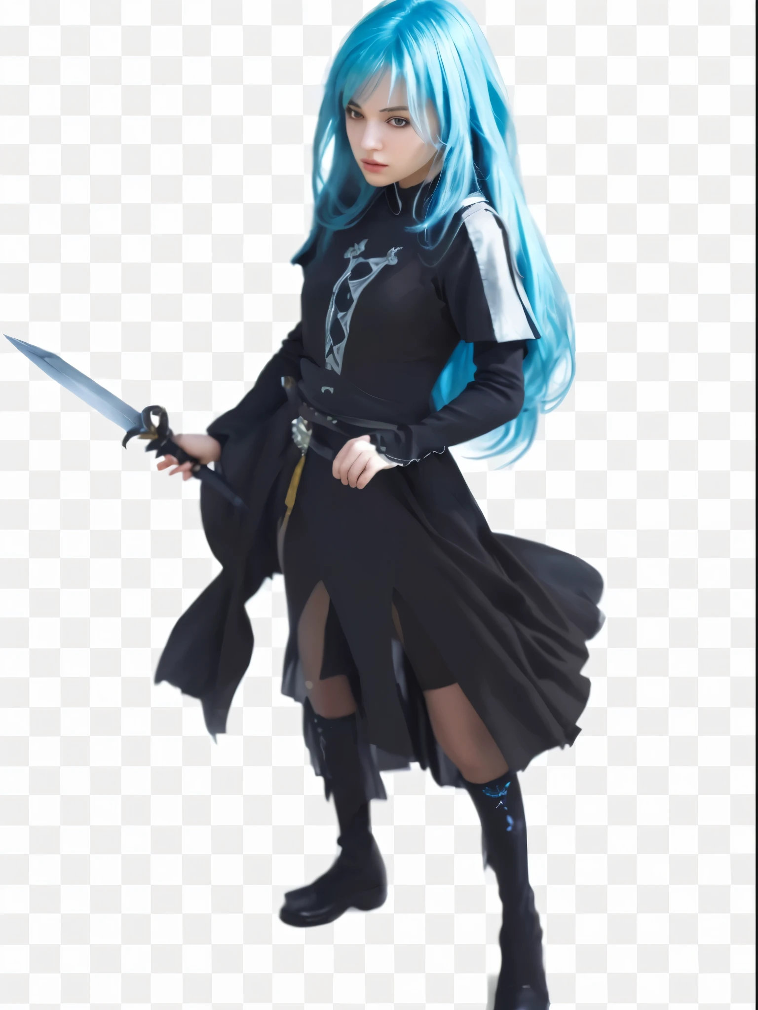 (best quality,4k,8k,highres,masterpiece:1.2),ultra-detailed,(realistic,photorealistic,photo-realistic:1.37),girl with blue hair,black clothes,sword,beautiful detailed eyes,beautiful detailed lips,longeyelashes,determined expression,sharp focus,soft lighting,illustration or detailed painting style,delicate brushstrokes,vivid colors,contrasting shadows,medium:oil painting