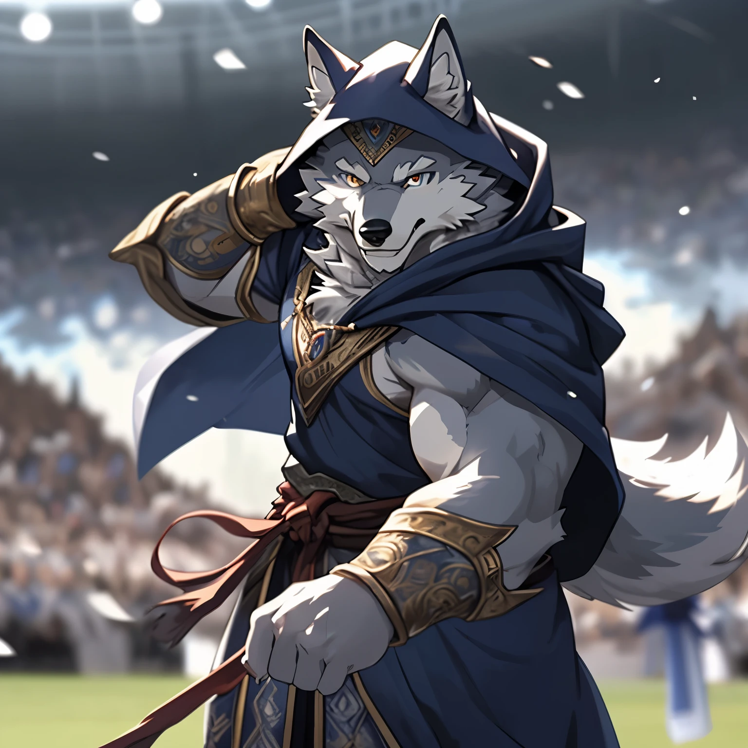 a scene in, depth of field, motion blur, Ridiculous, looking at the audience, (best quality), (masterpiece), (Super detailed), sharp focus,, , One eye is golden,One eye is blue, hairy, alone, Will have white fur, Humanity (Wolf), male, (Wolf), 17 years old, fat, Mage Clothing, Long gray cloak, grey hood,Super detailed face,no muscles,Positive face