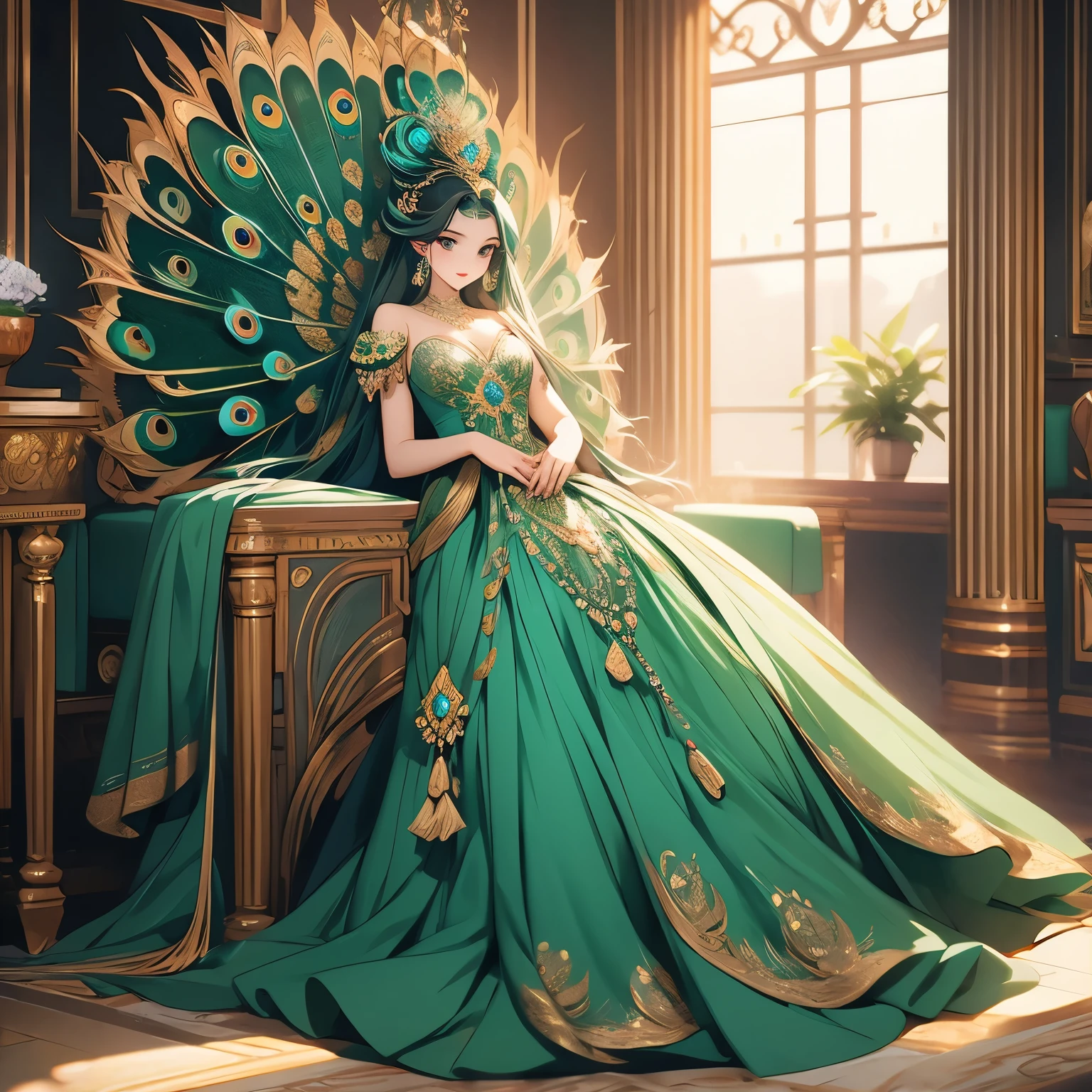 Peacock princess, character, fullbody, full body, front facing