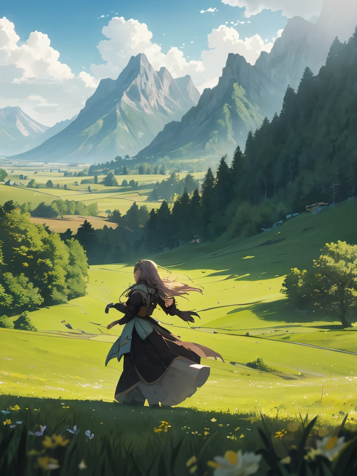 In a green meadow stands a girl leading a group of knights.
BREAK
With a brave expression, she guides them towards their destination.
BREAK
Behind her, a green forest stretches out and beyond that, mountains rise in the distance.
BREAK
The most suitable effect for this scene would be a watercolor painting technique to capture the softness of the meadow and the fluidity of the movement.