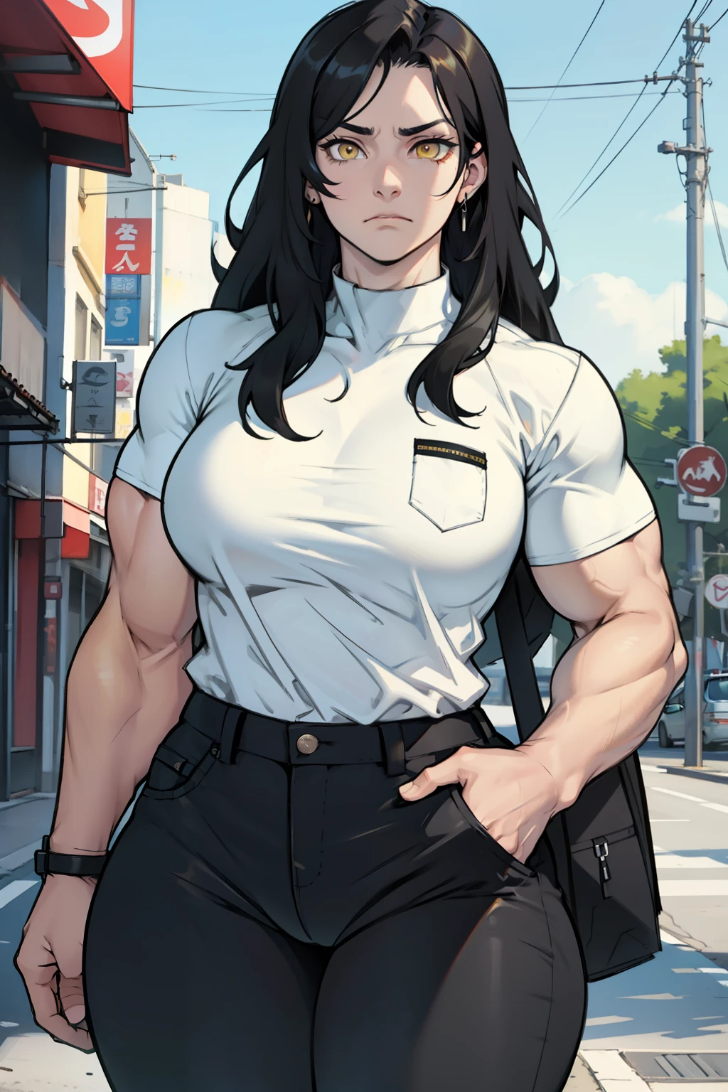 muscular girl thin waist large breasts thick pale skin black hair yellow eyes muscular girl thin waist huge breasts thick muscular girl thin waist thick sad expressionless sweaty wet hair messy hair