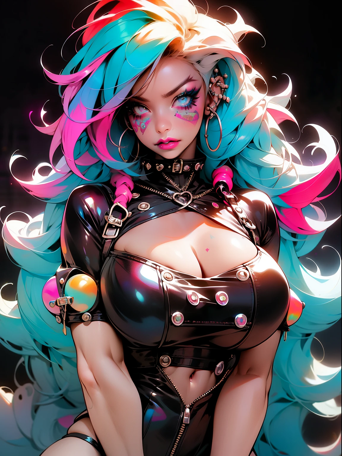 (masterpiece, top quality, best quality, official art, beautiful, cosmic, atmospheric, psychedelic, dreamlike and aesthetic, swirling psychedelic cosmic graffiti patterns:1.2), (1girl), extreme detailed,(fractal art:1.3),colorful,highest detailed, "(Best Quality, 8K, 32K, masutepiece:1.3), Ultra-detailed, (Photorealistic:1.4), pink and white colors, perfect color scheme, albino, Punk rock Girl, Detailed moonlight eyes, full body portrait, Luxurious neon white punk hair, Edgy Harajuku-inspired punk rock fashion, super huge enormously gigantic tits, cleavage showing, Avant-garde makeup, Numerous piercings, Heavily tattooed body, swirling psychedelic cosmic dreamlike graffiti pattern background