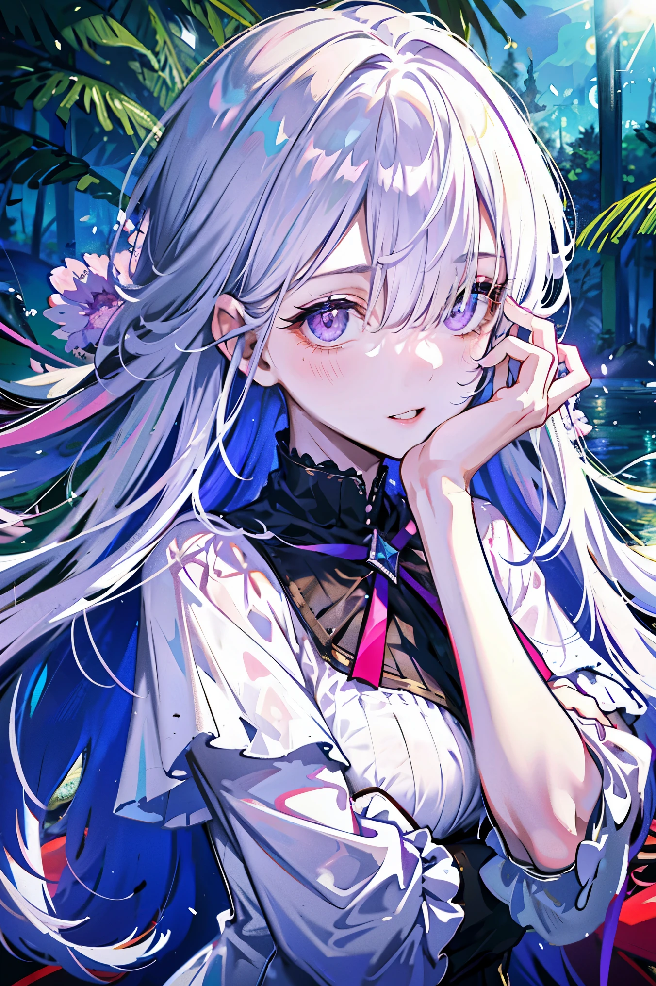 (best quality, Detailed background, high resolution, Ridiculous, bloom, disheveled hair, shiny hair, exposed to light, bright pupils, Focused and meticulous eyes),
1 girl, earpiece, long hair, silver hair, big deal_breast, Put your arms behind your back, daytime, Outdoor activities, forest, water, creek,
hair_decoration, (hair over one eye),  Upper body, portrait,