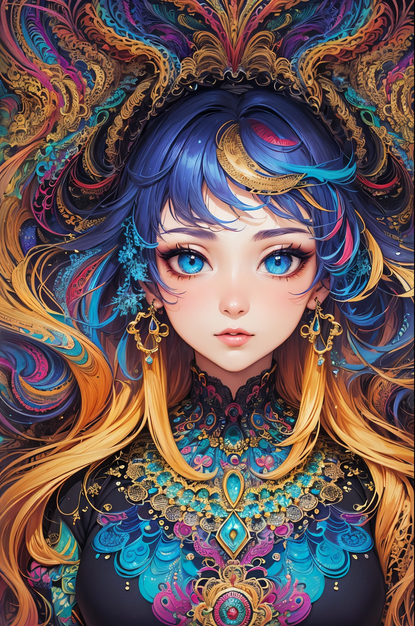 (masterpiece, top quality, best quality, official art, beautiful and aesthetic:1.2), (1girl:1.3), extremely detailed,(fractal art:1.2),colorful,highest detailed,(zentangle:1.2), (dynamic pose), (abstract background:1.5), (traditional korean dress:1.2), (shiny skin), (many colors:1.4), whole body, blonde hair, blue eyes, rainbowcolors, 1women, beautiful, stunning