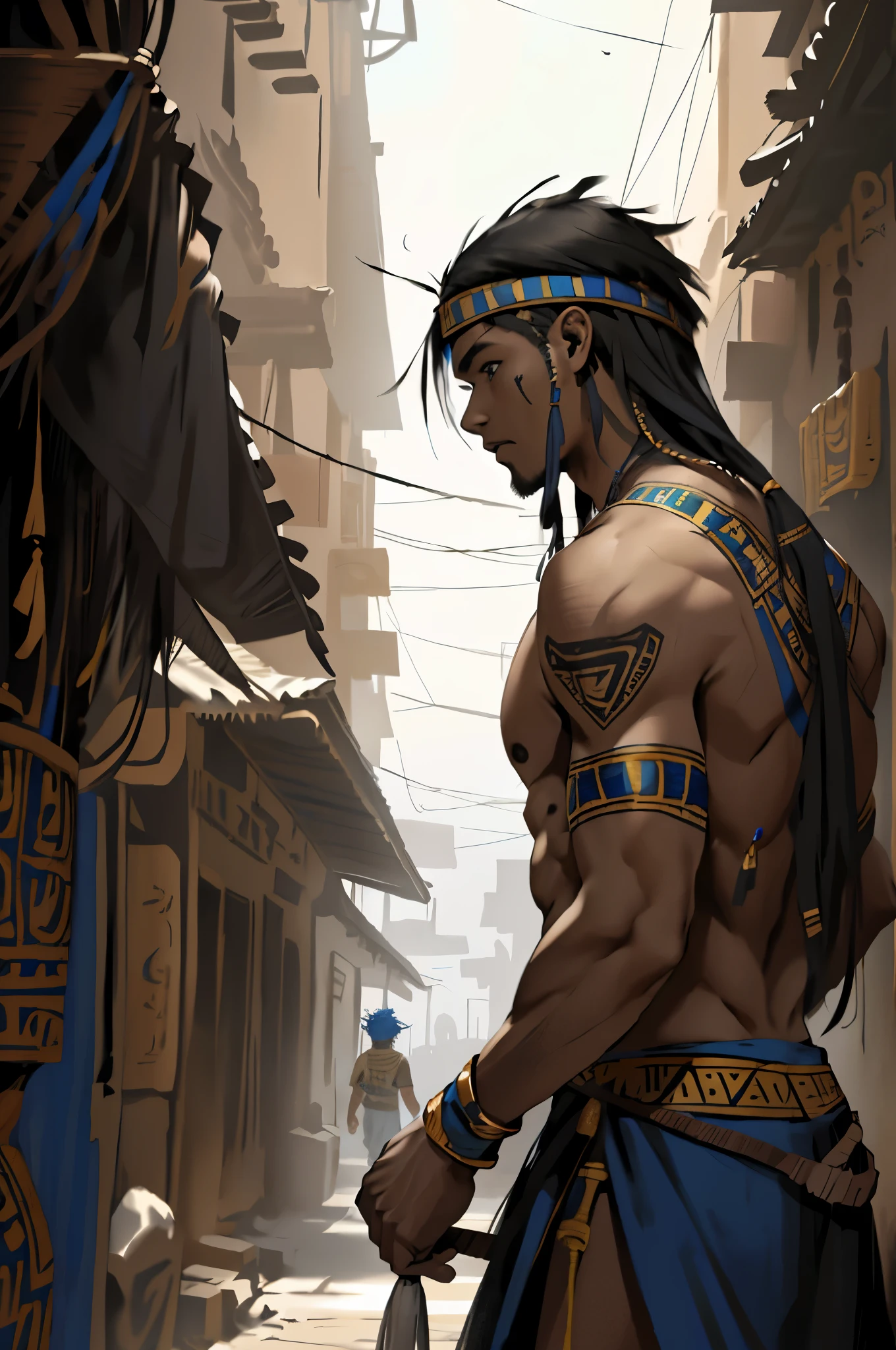 cabello color azul,The 15-year-old boy with straight hair with a bare back and bare chest but dressed in typical clothes from ancient Egypt with dark skin walking lost through the different streets of a city at noon.. doferentes angulos mira la ciudad desde lo slto de una colina.