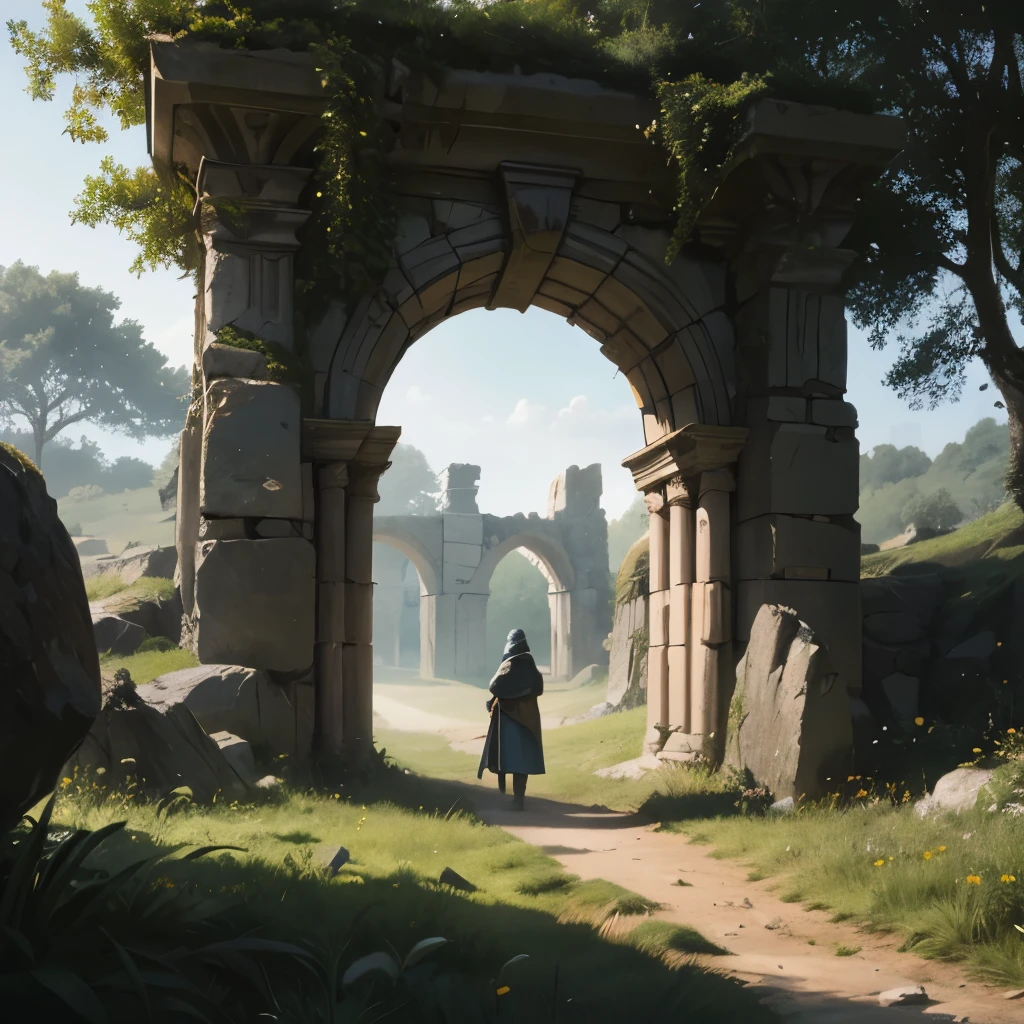 illustration of a huge stone arch standing alone in a field, rocks and grass, ancient magical overgrown land, magical portal gateway, portal to another world, medieval fantasy landscape, stone gate to another dimension, post apocalyptic scene