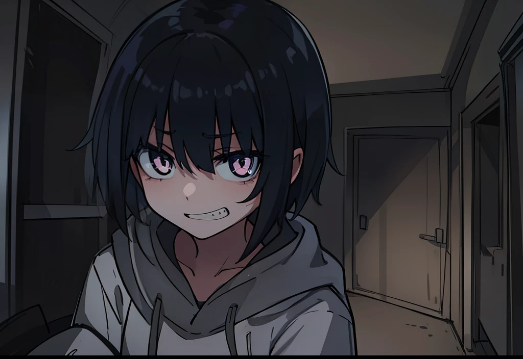 girl. dark short hair. clothes gray hood. Gloomy face. Creepy smile. crazy look.  bags under the eyes. gray eyes color. Against the backdrop of an empty room.