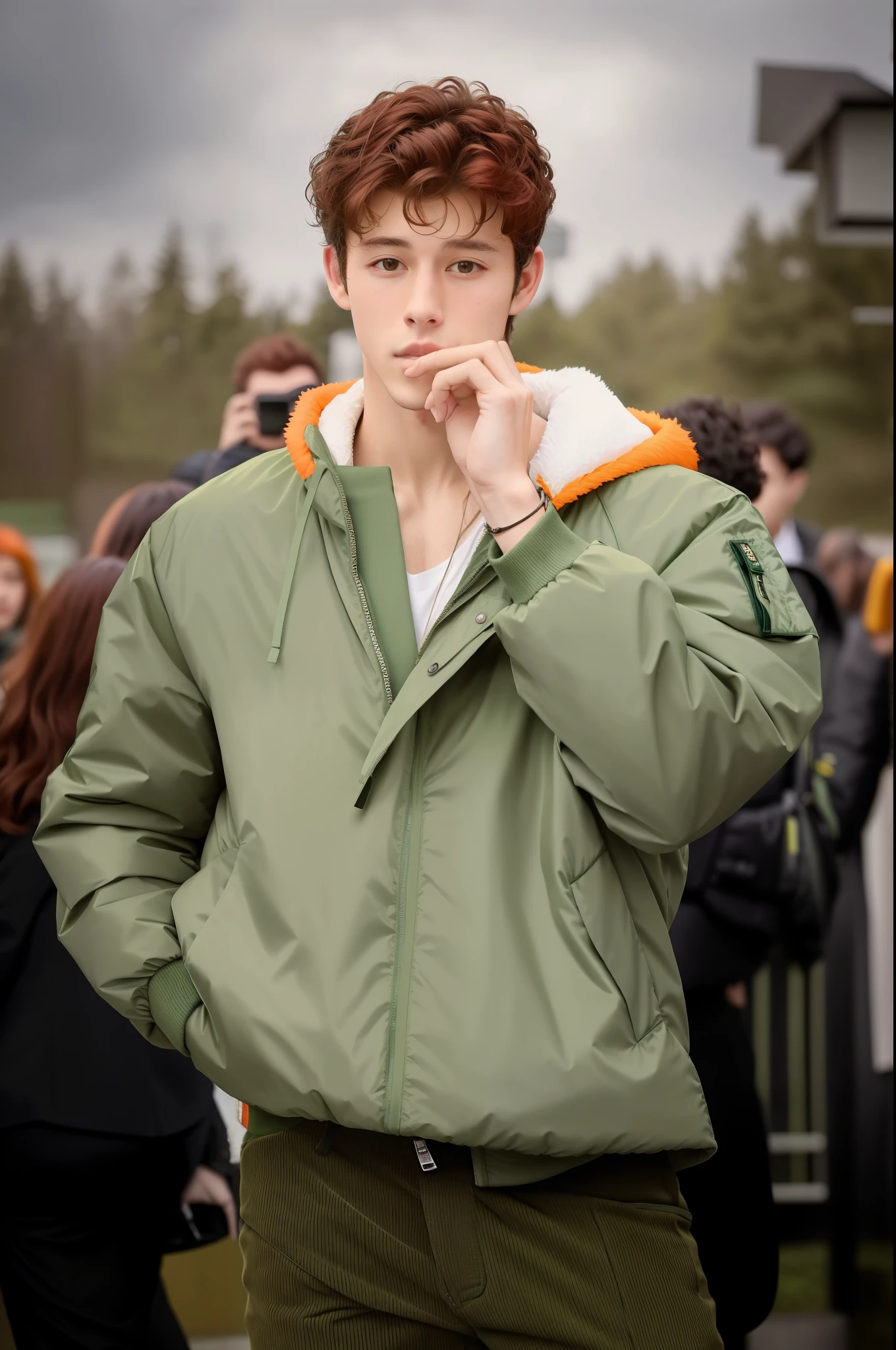 there is a man standing, wearing green jacket, attractive man, very handsome, green colored bomber jacket, handsome and attractive, attractive and good looking, shawn mendes, good looking face, extremely handsome, wearing dark green bomber jacket, really good looking face!!, handsome male, handsome man, looking hot, red hair, curly hair, Shawn Mendes