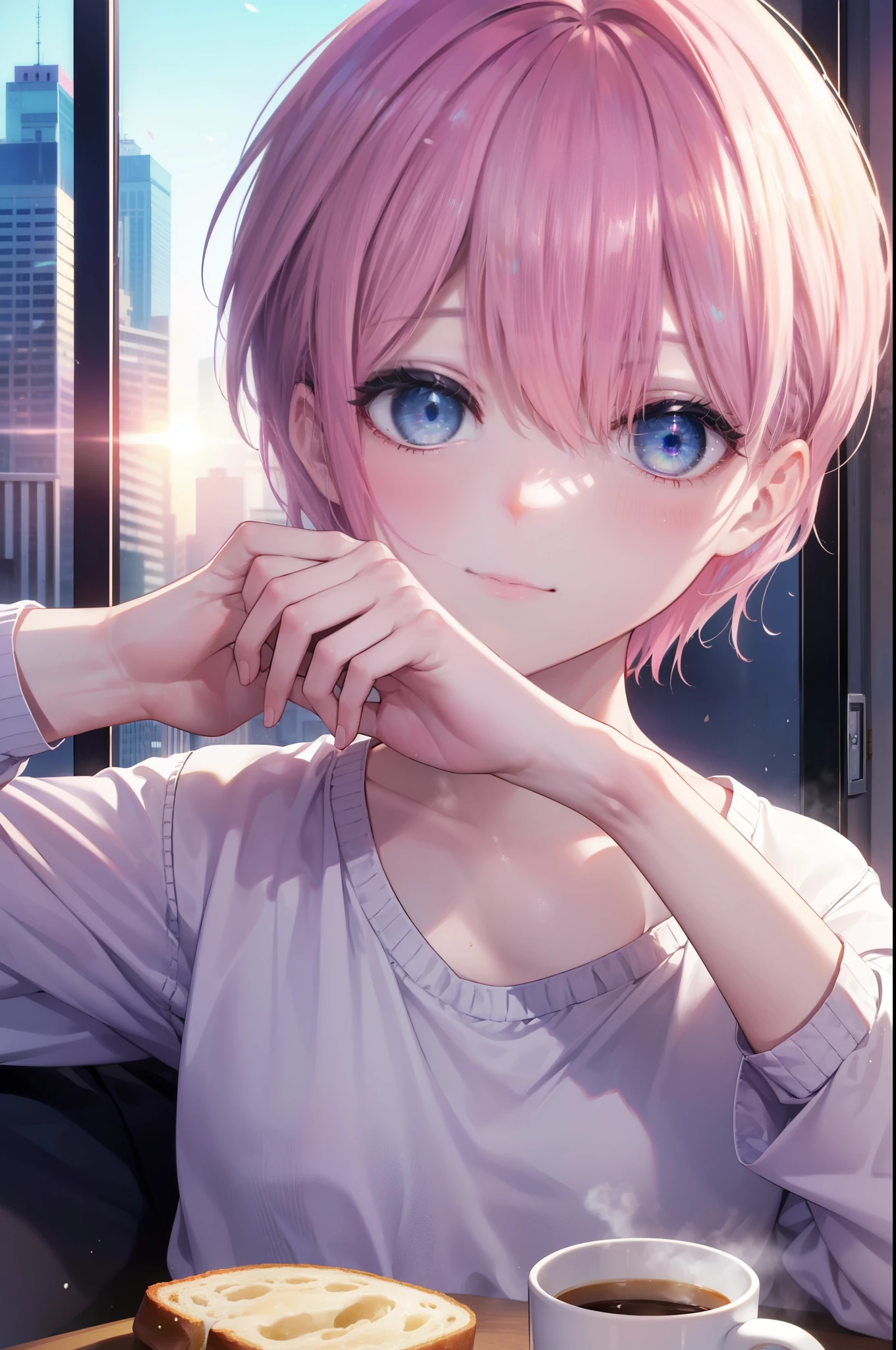 ichikanakano, ichika nakano, short hair, bangs, blue eyes, smile,hair between eyes, pink hair,white camisole,white short pajama pants,looking sleepy,sitting on the sofa,There is bread and a coffee mug on the table.,window　building street,The sun is rising through the gap between the buildings,morning,morning日,sunrise,
break looking at viewer, whole body, Upper body,
break indoors, indoor,
break (masterpiece:1.2), highest quality, High resolution, unity 8k wallpaper, (figure:0.8), (detailed and beautiful eyes:1.6), highly detailed face, perfect lighting, Very detailed CG, (perfect hands, perfect anatomy),
