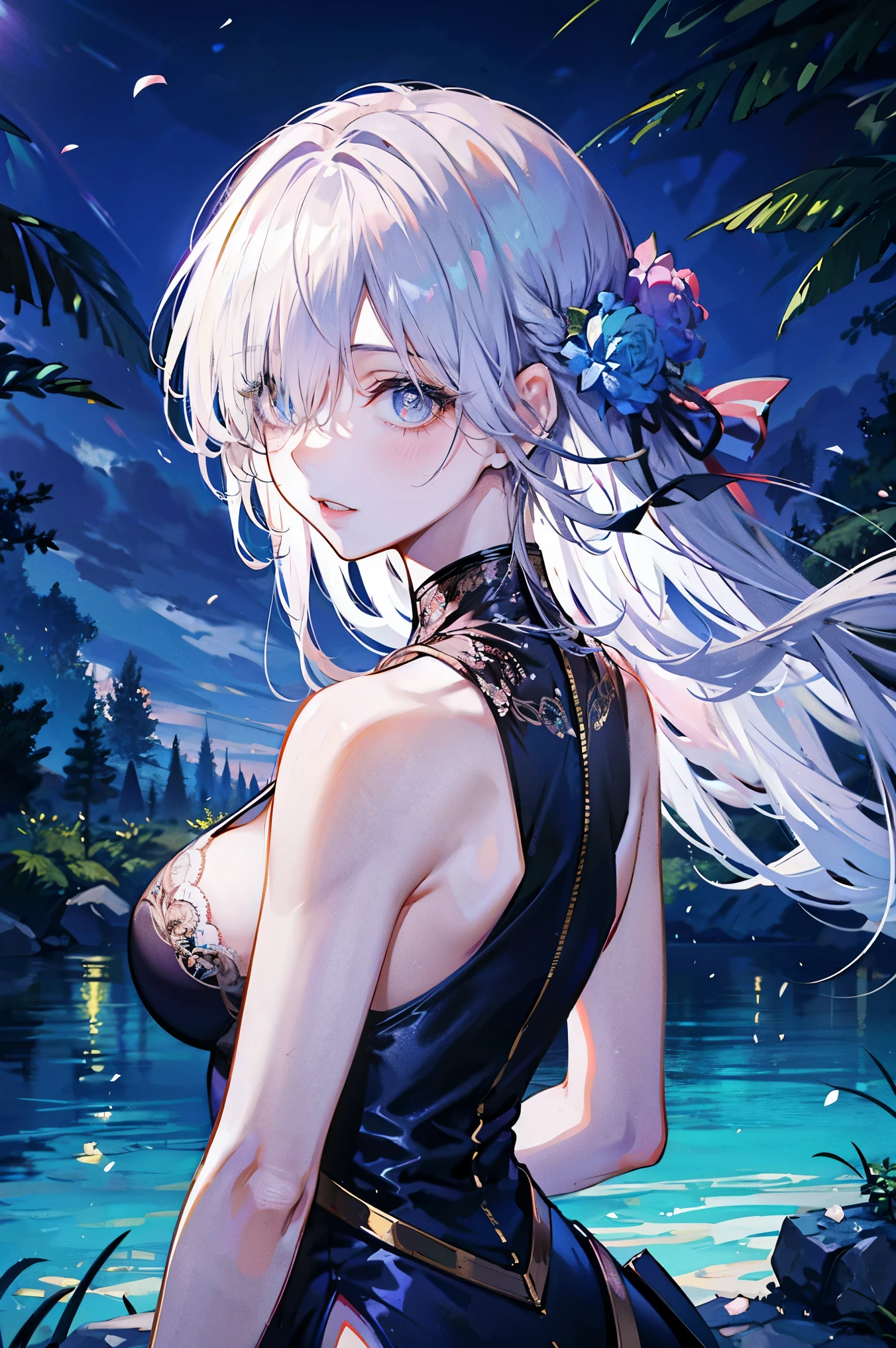 (best quality, Detailed background, high resolution, Ridiculous, bloom, disheveled hair, shiny hair, exposed to light, bright pupils, Focused and meticulous eyes),
1 girl, earpiece, long hair, silver hair, big deal_breast, Put your arms behind your back, daytime, Outdoor activities, forest, water, creek,
hair_decoration, (hair over one eye), Upper body, portrait,