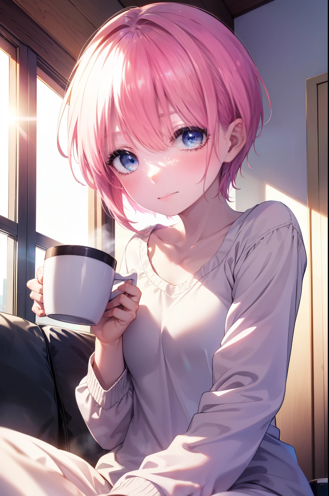 ninonakano, nino nakano, short hair, bangs, blue eyes, pink hair, blunt bangs, Large-sized Y-shirts,Black underwear,Waking up,Half eyes closed,Sitting on the sofa,coffee mug on the table,indoor,morning,The sun rises through the gap between the buildings,break looking at viewer,
break (table top:1.2), highest quality, High resolution, unity 8k wallpaper, (figure:0.8), (beautiful and fine eyes:1.6), highly detailed face, perfect lighting, Highly detailed CG, (perfect hands, perfect anatomy),