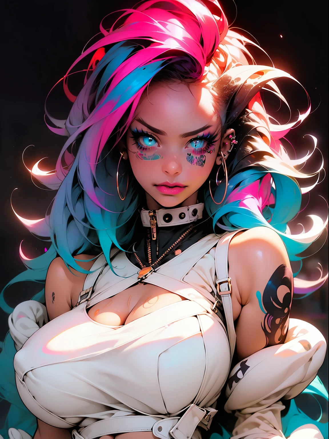 (masterpiece, top quality, best quality, official art, beautiful, cosmic, atmospheric, psychedelic, dreamlike and aesthetic, swirling psychedelic cosmic graffiti patterns:1.2), (1girl), extreme detailed,(fractal art:1.3),colorful,highest detailed, "(Best Quality, 8K, 32K, masutepiece:1.3), Ultra-detailed, (Photorealistic:1.4), pink and white colors, perfect color scheme, albino, Punk rock Girl, Detailed moonlight eyes, full body portrait, Luxurious neon white punk hair, Edgy Harajuku-inspired punk rock fashion, super huge enormously gigantic tits, cleavage showing, Avant-garde makeup, Numerous piercings, Heavily tattooed body, swirling psychedelic cosmic dreamlike graffiti pattern background