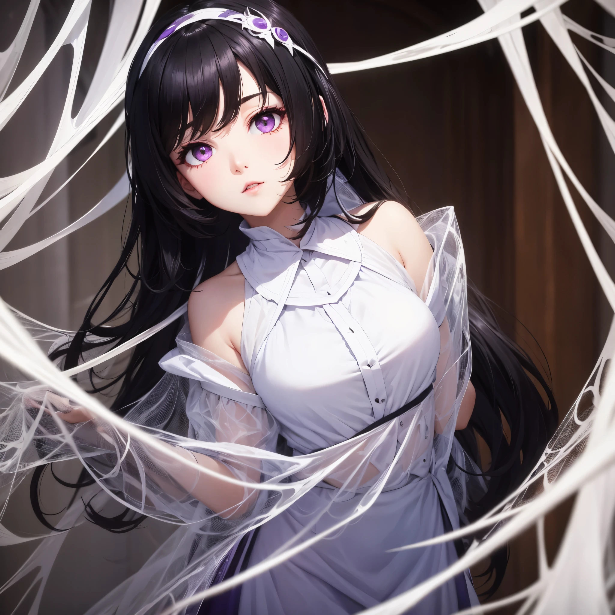 1girl, black hair , purple eyes , very white skin, over spider web
