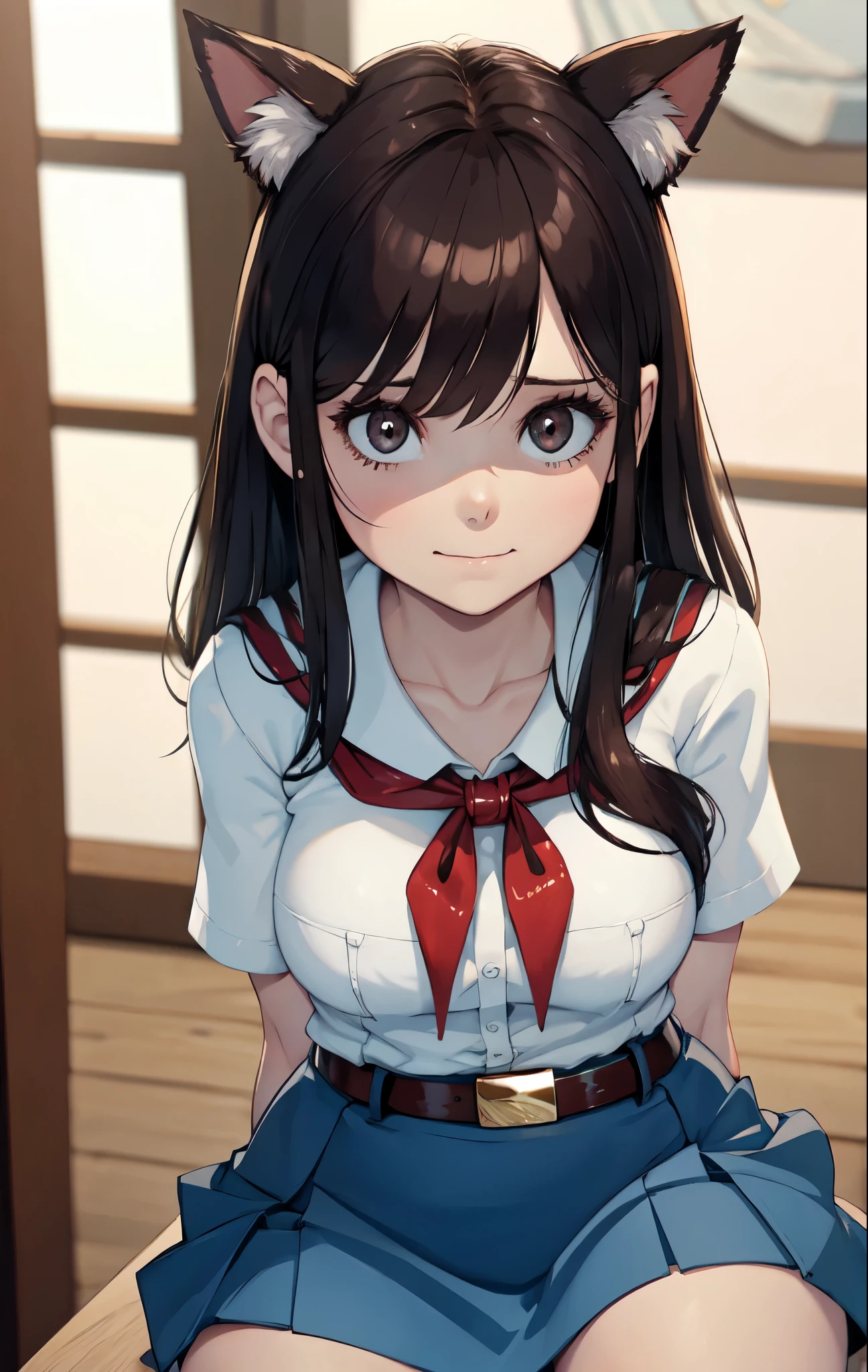 very young slim fit girl, pioneer neckerchief, very short blue skirt, bangs, collarbone, tight white shirt, bursting breast, short sleeves, collared shirt, belt, red neckerchief, full height, rounded face, very long disheveled dark brown hair, big brown eyes, sluty smile, perfect flat breast, parororo, band on head with fake cat ears, ginagerson 