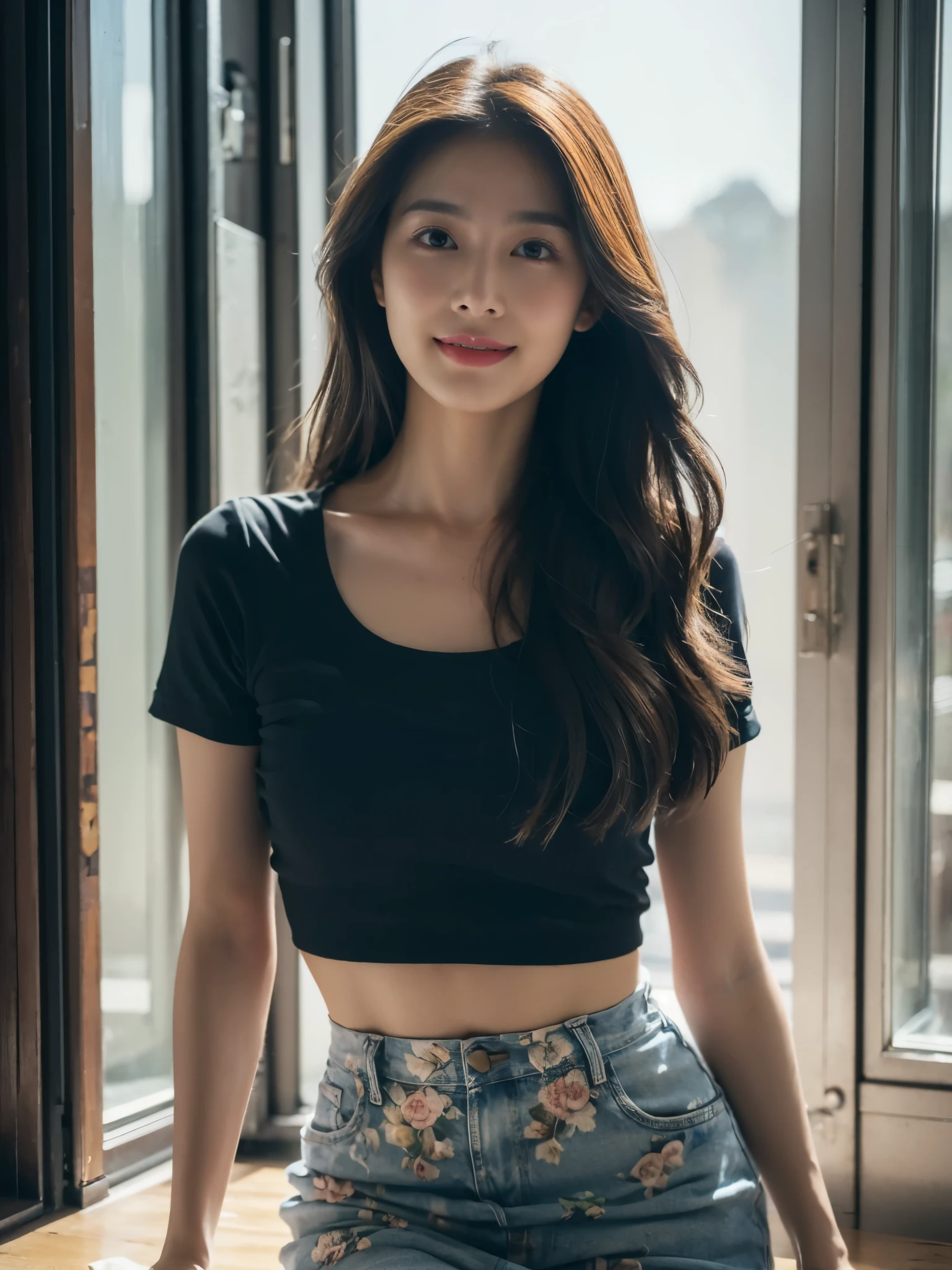 ((Masterpiece, Top image quality, high resolution、alone、skin shiny))(on the table, best quality, actual, super detailed, meticulous, high resolution, 8k wallpaper), Close-up portrait of a beautiful woman, like, smiling, light brown messy hair, Perfect dynamic composition, 美丽meticulous的眼睛, Just like the cover of a fashion magazine, on campus,Gorgeous costumes,hot stamping clothing,