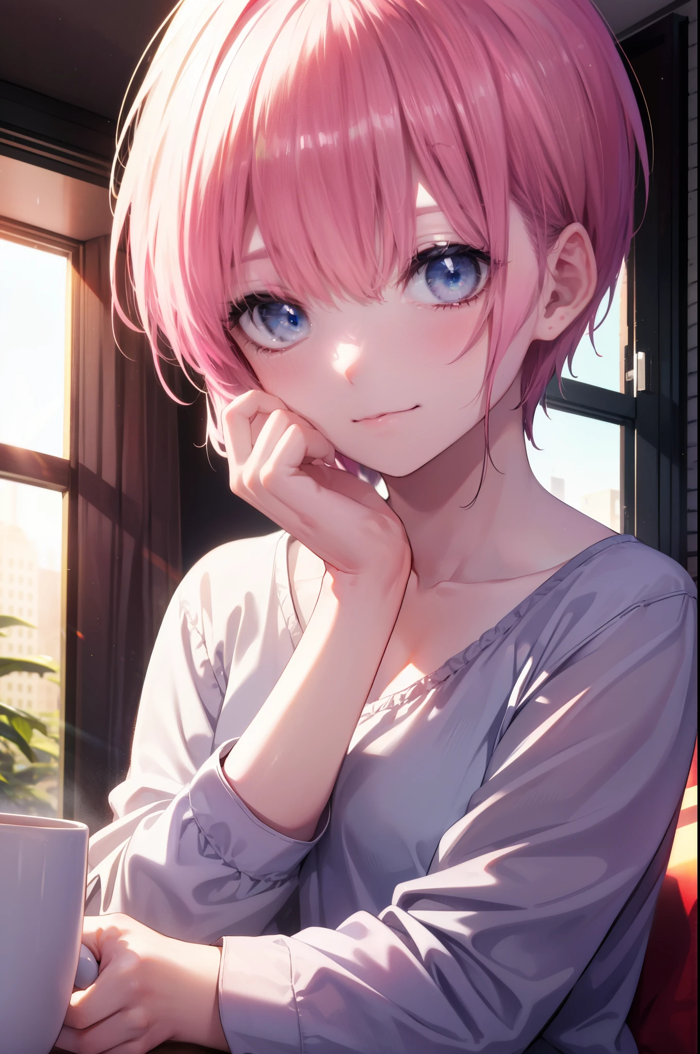 ichikanakano, ichika nakano, short hair, bangs, blue eyes, smile,hair between eyes, pink hair,white camisole,white short pajama pants,looking sleepy,sitting leaning on the sofa,A coffee mug is placed on the table,window building street,The sun is rising through the gap between the buildings,morning,morning日,sunrise,
break looking at viewer, whole body, Upper body,
break indoors, indoor,
break (masterpiece:1.2), highest quality, High resolution, unity 8k wallpaper, (figure:0.8), (detailed and beautiful eyes:1.6), highly detailed face, perfect lighting, Very detailed CG, (perfect hands, perfect anatomy),