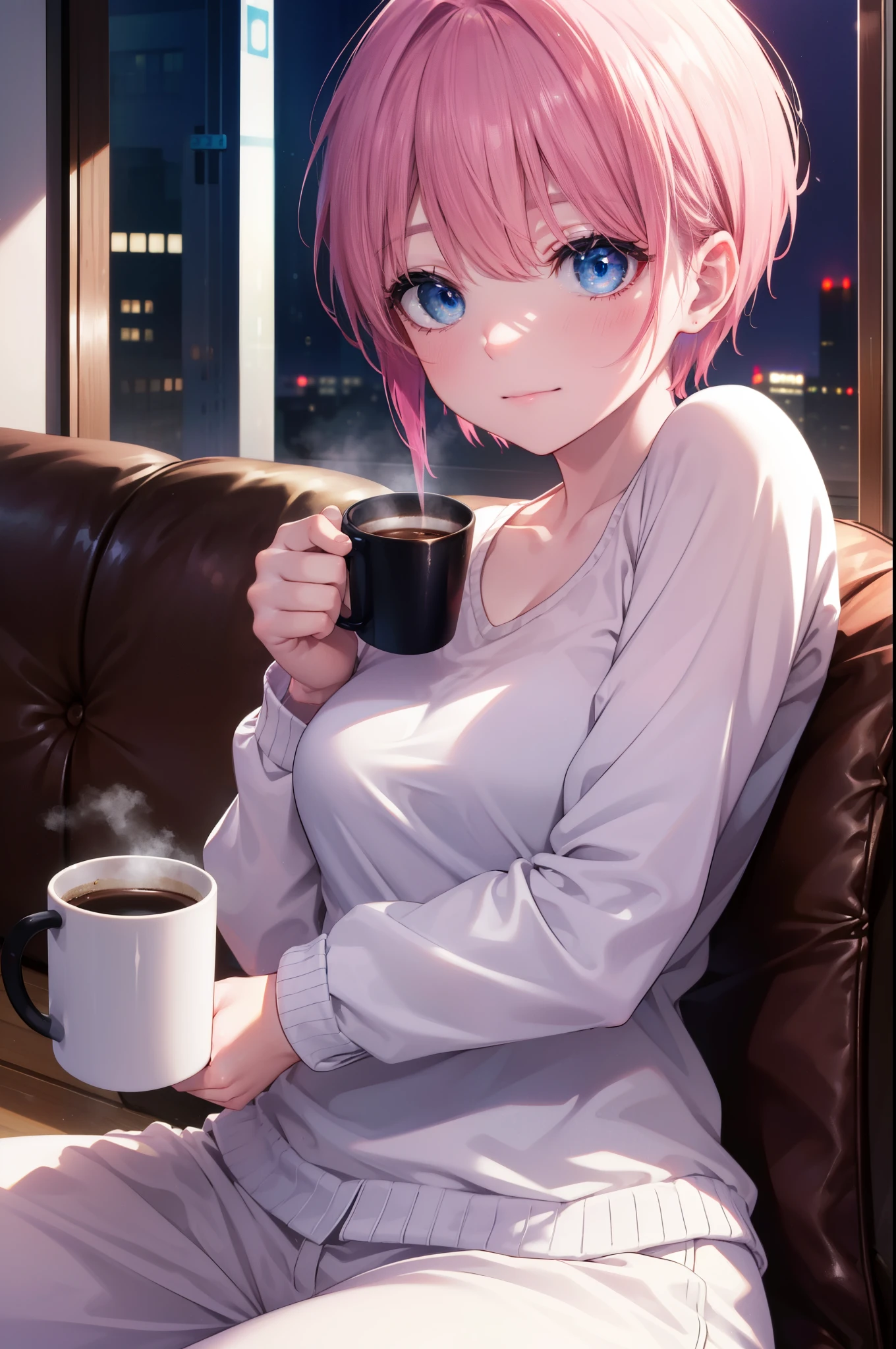 ichikanakano, ichika nakano, short hair, bangs, blue eyes, smile,hair between eyes, pink hair,white camisole,white short pajama pants,looking sleepy,sitting leaning on the sofa,A coffee mug is placed on the table,window building street,The sun is rising through the gap between the buildings,morning,morning日,sunrise,
break looking at viewer, whole body, Upper body,
break indoors, indoor,
break (masterpiece:1.2), highest quality, High resolution, unity 8k wallpaper, (figure:0.8), (detailed and beautiful eyes:1.6), highly detailed face, perfect lighting, Very detailed CG, (perfect hands, perfect anatomy),