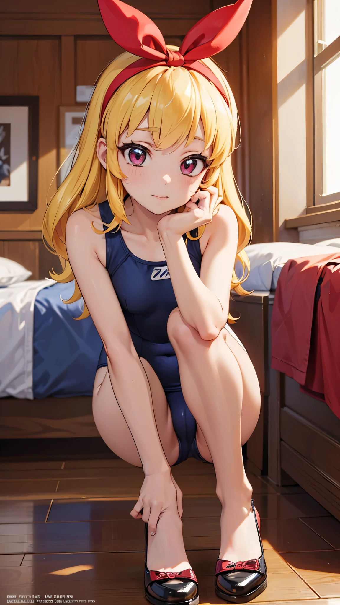 (masterpiece, best quality, highly detailed, ultra detailed, high resolution, absurdres, 4K, 8K:1.2), (official art, incredibly fine illustration, , detailed background, cinematic lighting, , perfect hands, detailed shiny skin, detailed hair, detailed eyes)
BREAK(RED Ribbon on HAIRband:1.2),(nsfw),Blonde_HAIR,, cameltoe, bedroom, spread legs, fat pussy,   blue school swimsuit, white school swimsuit,Ichigo Hoshimiya (Aikatsu!),groin_close_up