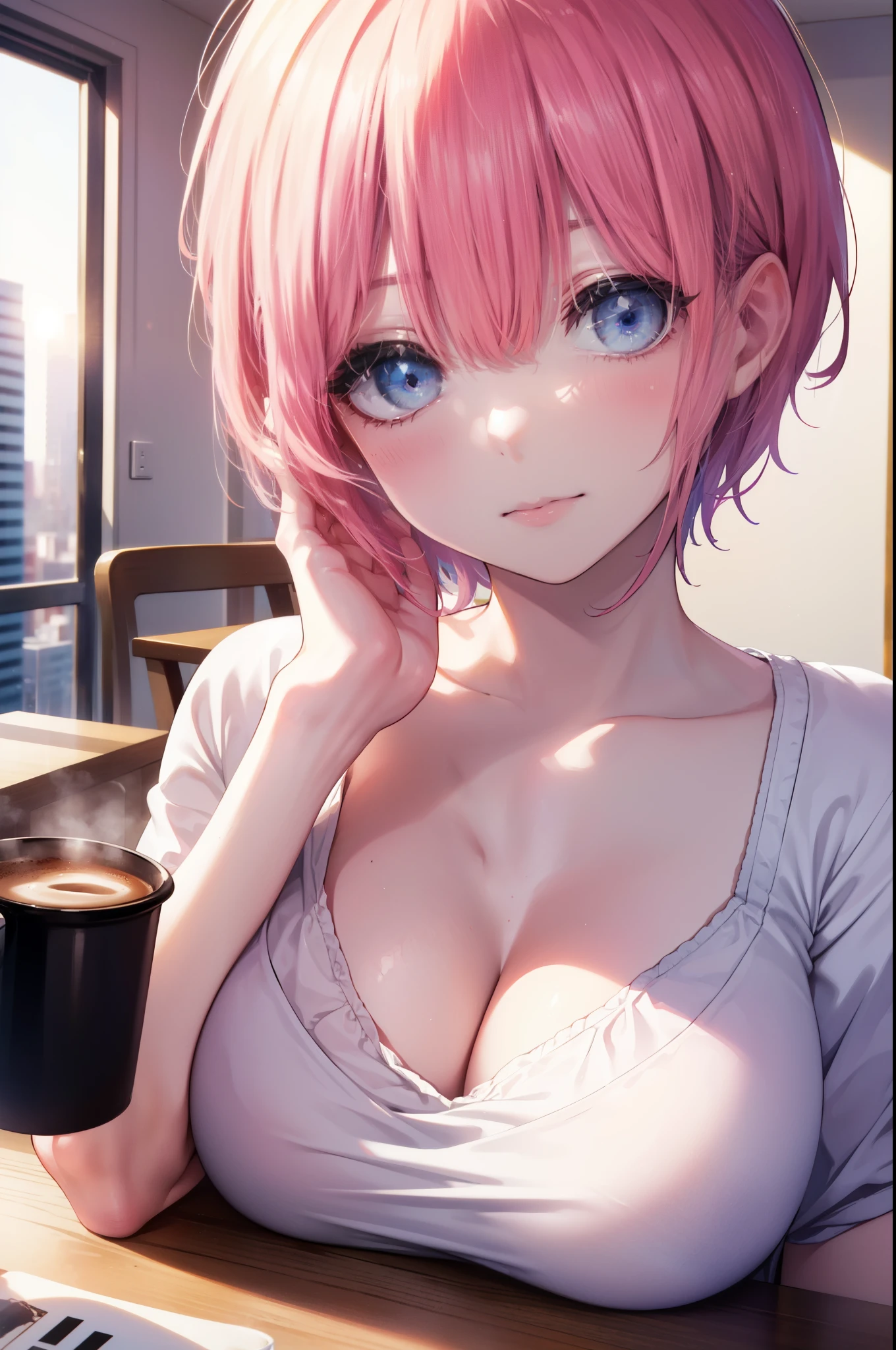 ichikanakano, ichika nakano, short hair, bangs, blue eyes, smile,hair between eyes, messy pink hair,big breasts,white camisole,white short pajama pants,looking sleepy,sitting leaning on the sofa,A coffee mug is placed on the table,window building street,The sun is rising through the gap between the buildings,morning,morning日,sunrise,
break looking at viewer, whole body, Upper body,
break indoors, indoor,
break (masterpiece:1.2), highest quality, High resolution, unity 8k wallpaper, (figure:0.8), (detailed and beautiful eyes:1.6), highly detailed face, perfect lighting, Very detailed CG, (perfect hands, perfect anatomy),