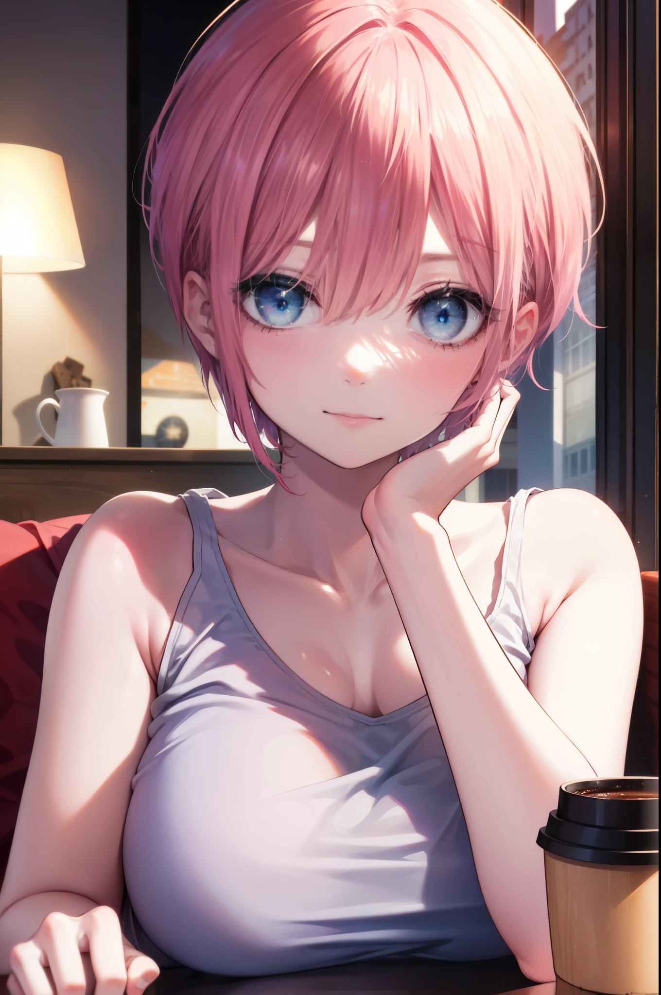 ichikanakano, ichika nakano, short hair, bangs, blue eyes, smile,hair between eyes, messy pink hair,big breasts,white camisole,white short pajama pants,looking sleepy,sitting leaning on the sofa,A coffee mug is placed on the table,window　building street,The sun is rising through the gap between the buildings,morning,morning日,sunrise,
break looking at viewer, whole body, Upper body,
break indoors, indoor,
break (masterpiece:1.2), highest quality, High resolution, unity 8k wallpaper, (figure:0.8), (detailed and beautiful eyes:1.6), highly detailed face, perfect lighting, Very detailed CG, (perfect hands, perfect anatomy),