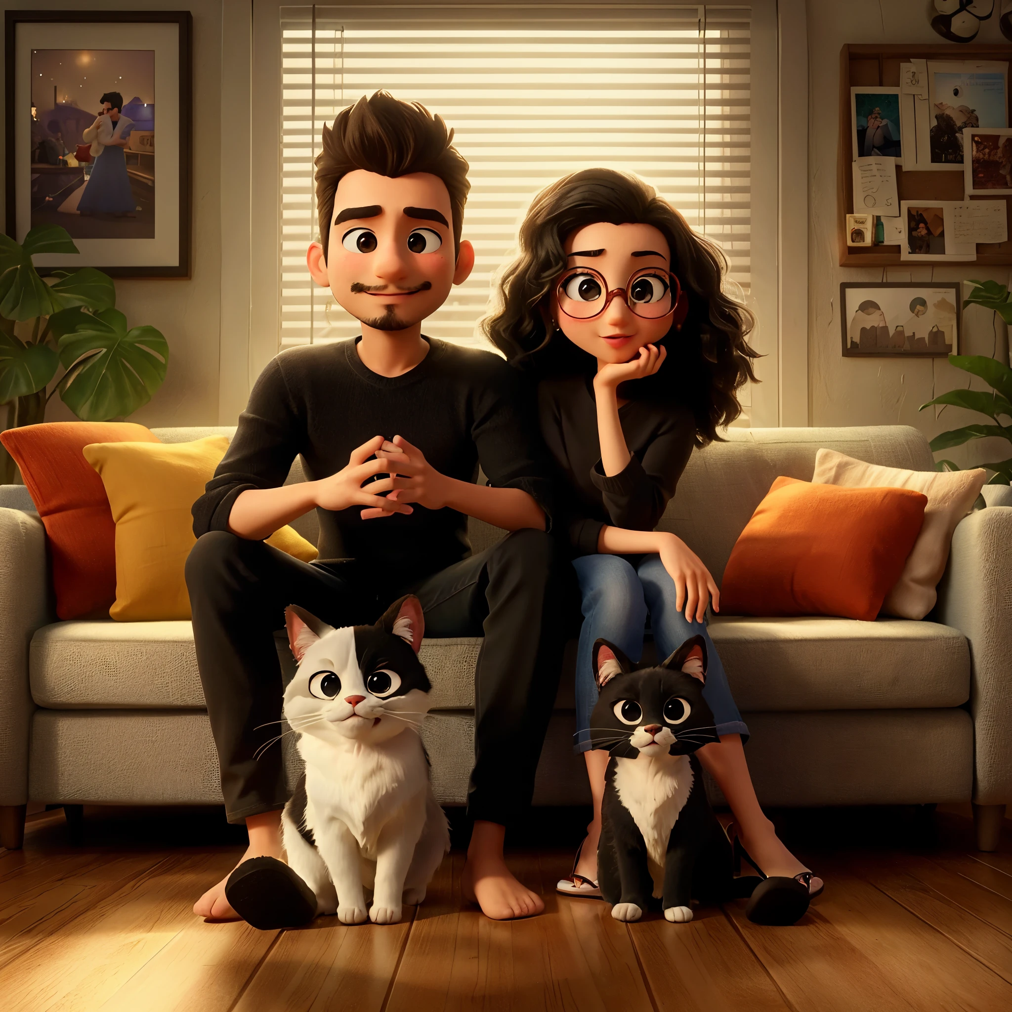 On a Disney Pixar style movie poster., a young couple share cozy moments in their small apartment. El delgado, blanco man, wearing a negro shirt, sports short negro hair . La mujer, , tiene larga, negro, y un cabello bellamente rizado. sitting on the couch, lcompleta la encantadora escena. Una imagen que capta la sencillez y la magia del amor cotidiano..