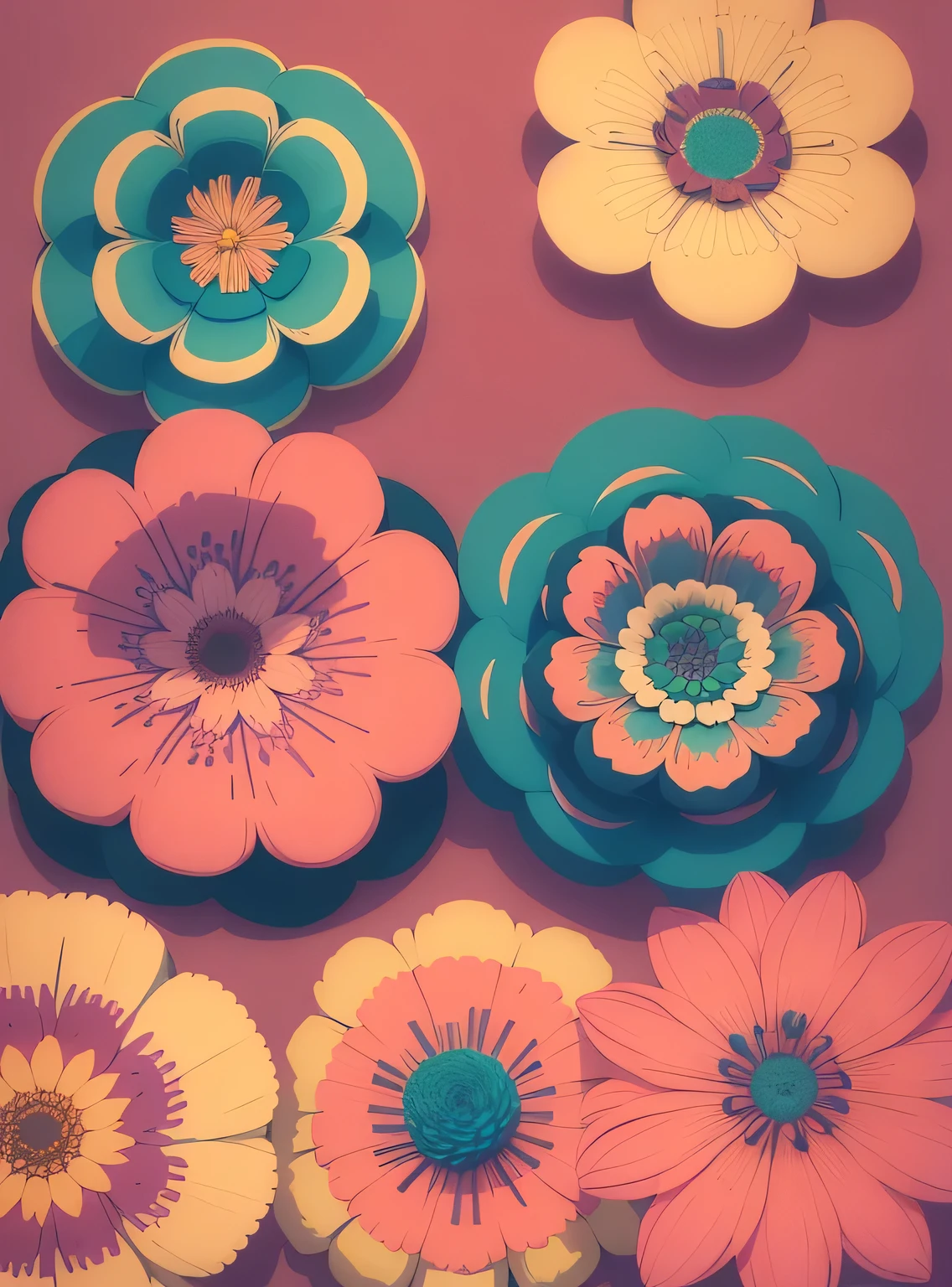 Aesthetic flowers, retro design pattern, multicolorido, ((simples)), ((the flowers do not protrude from the edges)).