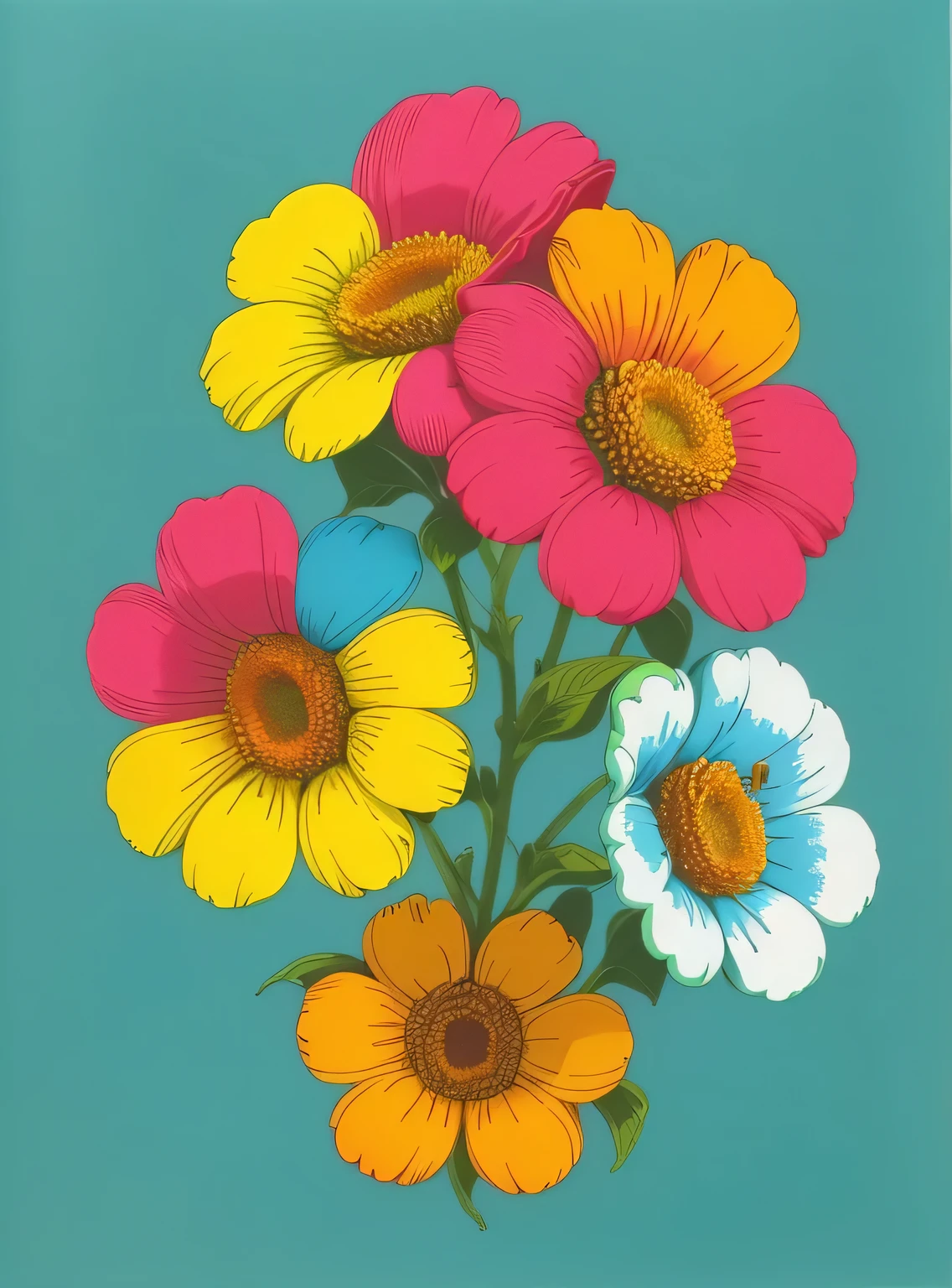 Aesthetic flowers, retro design pattern, multicolorido, ((simples)), ((the flowers do not protrude from the edges)).