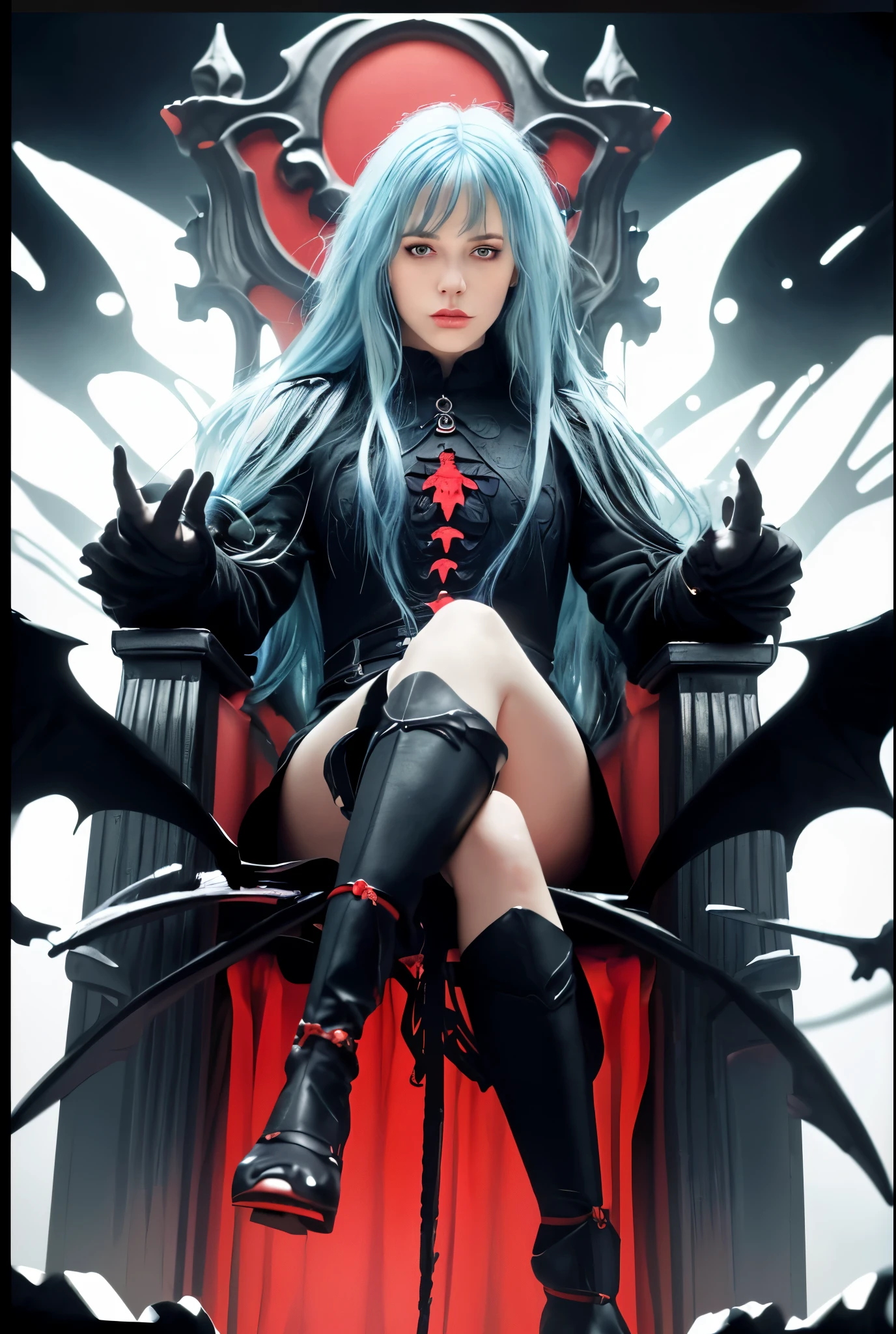 (best quality,4k,8k,highres,masterpiece:1.2),ultra-detailed,realistic:1.37,a girl with blue hair wearing black clothes,sitting on a black and red throne,illustration,detailed eyes,long eyelashes,beautiful detailed lips,medium:oil painting,portrait,dark fantasy,gloomy atmosphere,vivid colors,contrast lighting.