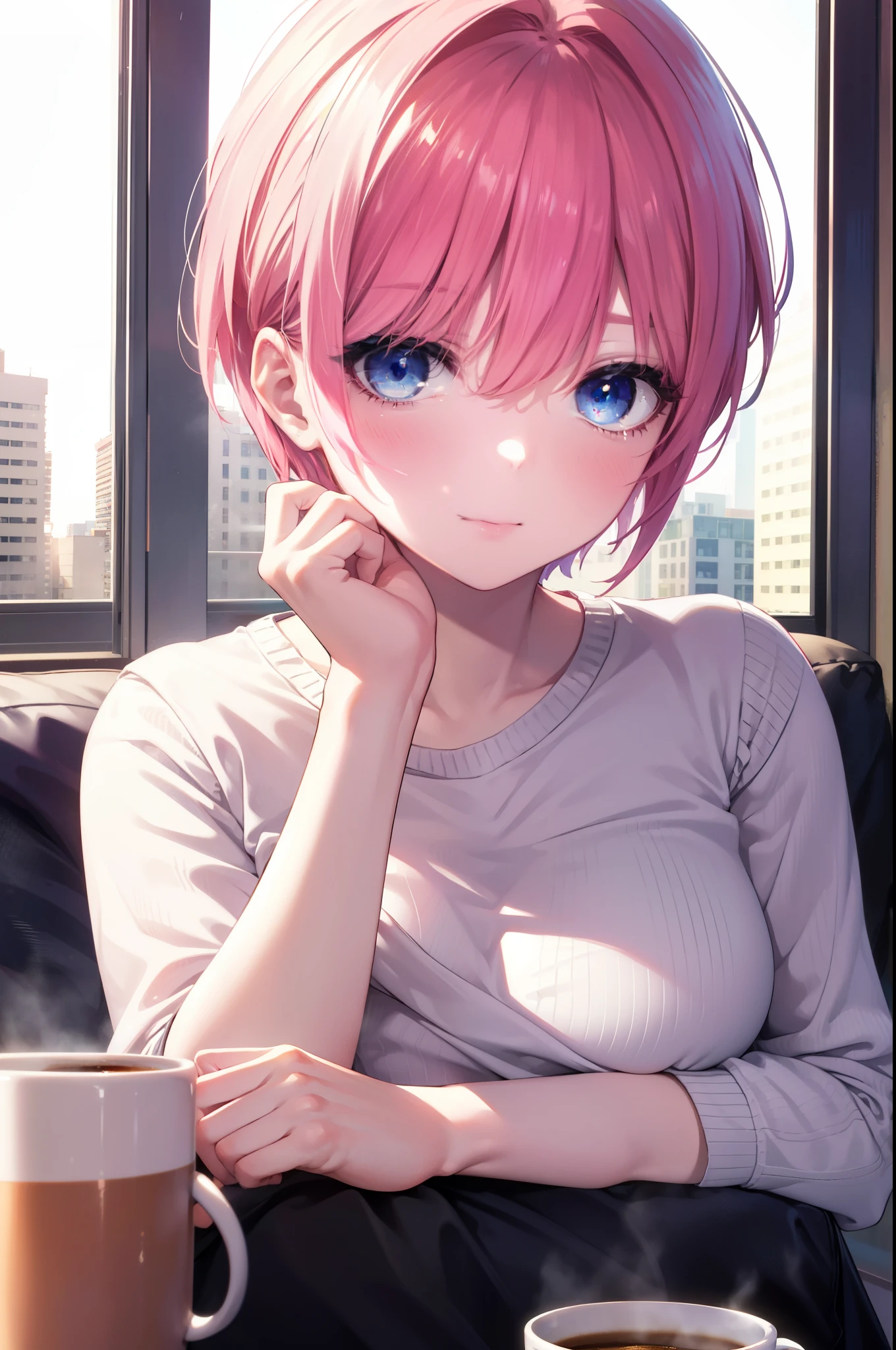 ichikanakano, ichika nakano, short hair, bangs, blue eyes, smile,hair between eyes, messy pink hair,big breasts,white camisole,white short pajama pants,looking sleepy,sitting leaning on the sofa,A coffee mug is placed on the table,window building street,The sun is rising through the gap between the buildings,morning,morning日,sunrise,
break looking at viewer, whole body, Upper body,
break indoors, indoor,
break (masterpiece:1.2), highest quality, High resolution, unity 8k wallpaper, (figure:0.8), (detailed and beautiful eyes:1.6), highly detailed face, perfect lighting, Very detailed CG, (perfect hands, perfect anatomy),