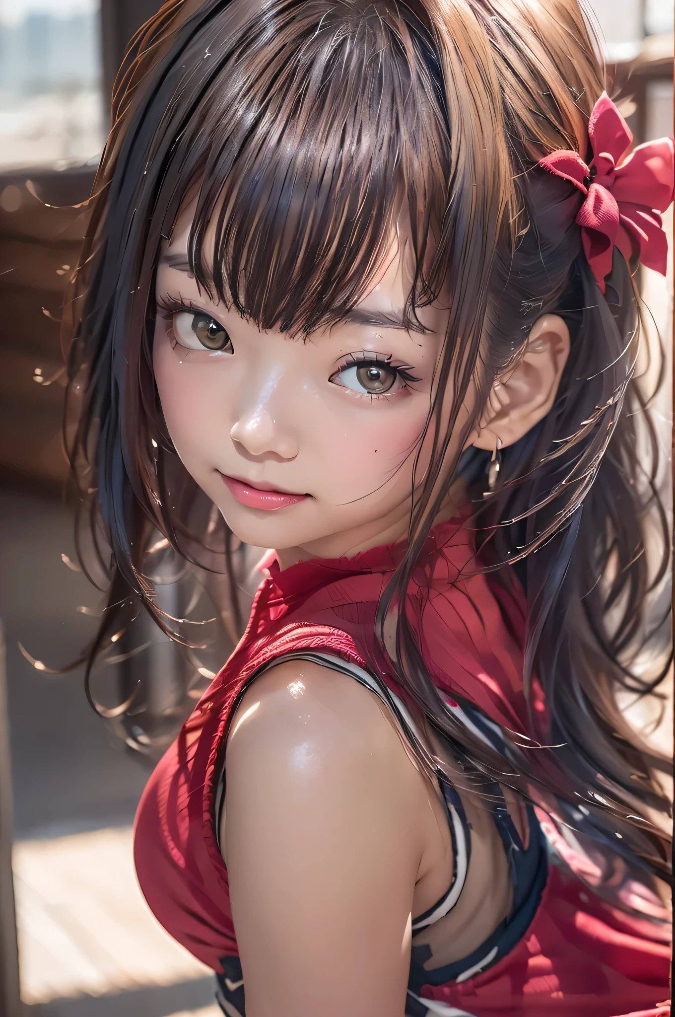 (8k, RAW photo, highest quality, masterpiece:1.2),( close up of face:1.2)Super detailed, super resolution, (realistic, realistic Photo:1.37), portrait, High resolution RAW color photos, professional photos, 非常に詳細で美new, very detailed, 8k wallpaper, surprisingly detailed, huge file size, official art, highly detailed CG unity 8k wallpaper, very detailed美少女, very detailed顔, very detailed目, very detailed肌, very detailed指, very detailed鼻, very detailed詳細な口 , perfect anatomy, very detailed背景, very detailed衣服, 1 girl,, 20th generation, cute girl, realistic body, small, Fair skin, glowing skin , handsome body, black hair , Rolled up hair, (dull bangs:1.2), smile, cute, like々new, cute face, realistic face, delicate eyes, (((red sleeveless dress))), looking at the viewer, cowboy shot, facing the front, Standing position, Opposition, dynamic lighting, very big breasts,