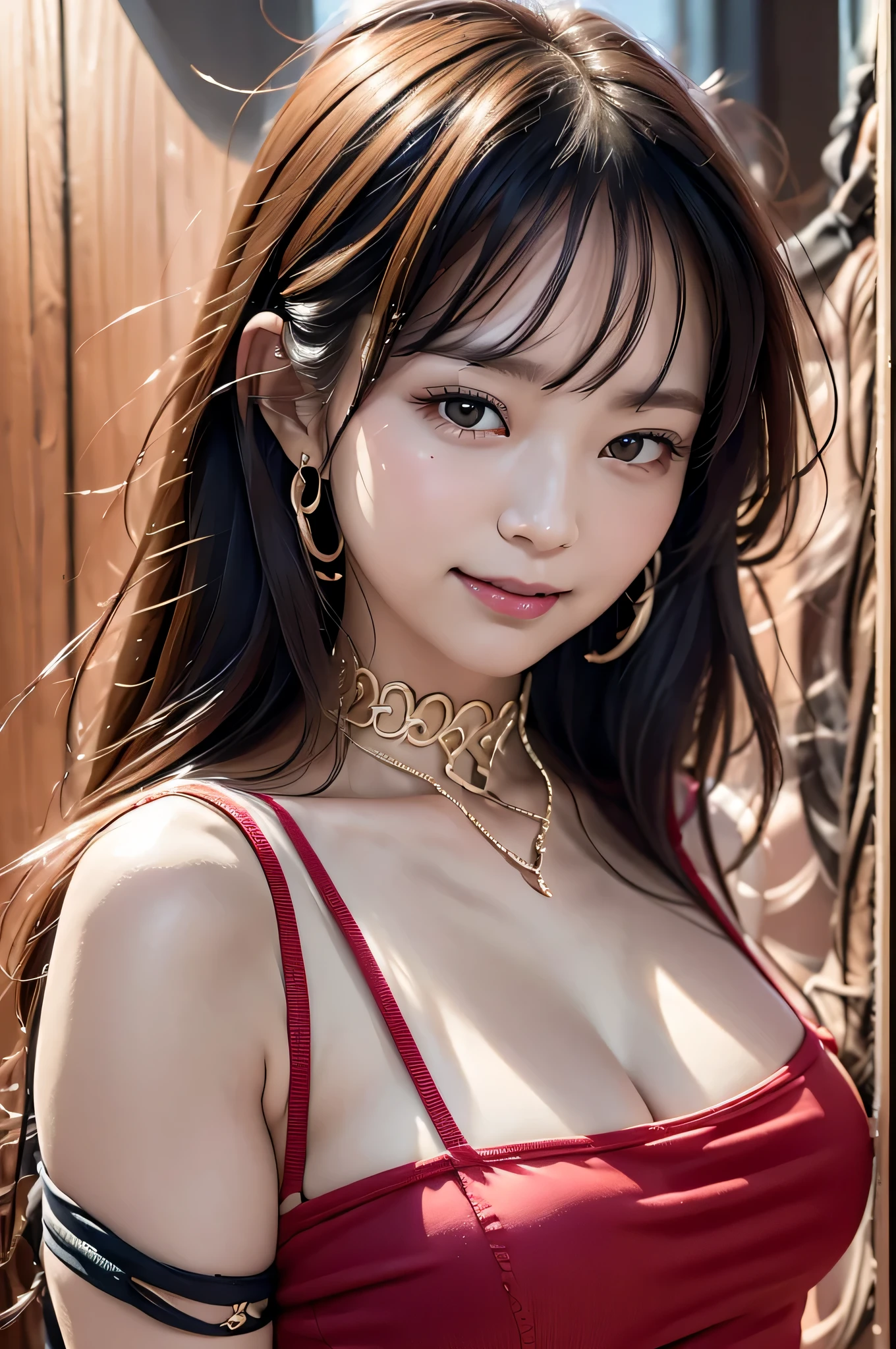 (8k, RAW photo, highest quality, masterpiece:1.2),( close up of face:1.2)Super detailed, super resolution, (realistic, realistic Photo:1.37), portrait, High resolution RAW color photos, professional photos, 非常に詳細で美new, very detailed, 8k wallpaper, surprisingly detailed, huge file size, official art, highly detailed CG unity 8k wallpaper, very detailed美少女, very detailed顔, very detailed目, very detailed肌, very detailed指, very detailed鼻, very detailed詳細な口 , perfect anatomy, very detailed背景, very detailed衣服, 1 girl,, 20th generation, cute girl, realistic body, small, Fair skin, glowing skin , handsome body, black hair , Rolled up hair, (dull bangs:1.2), smile, cute, like々new, cute face, realistic face, delicate eyes, (((red sleeveless dress))), looking at the viewer, cowboy shot, facing the front, Standing position, Opposition, dynamic lighting, very big breasts,