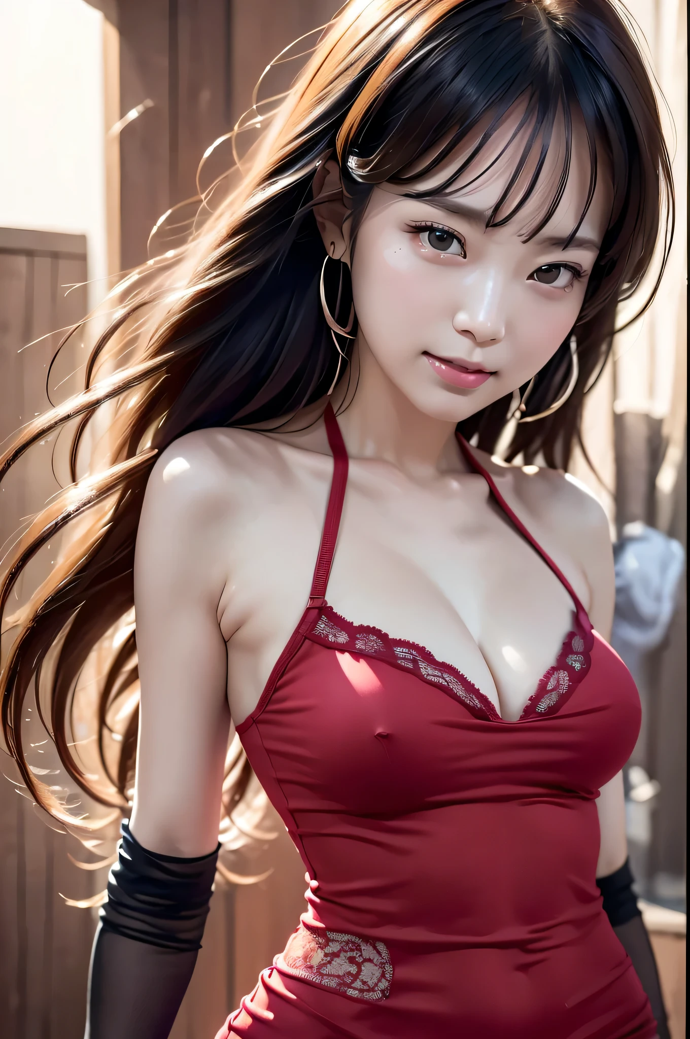 (8k, RAW photo, highest quality, masterpiece:1.2),( close up of face:1.2)Super detailed, super resolution, (realistic, realistic Photo:1.37), portrait, High resolution RAW color photos, professional photos, 非常に詳細で美new, very detailed, 8k wallpaper, surprisingly detailed, huge file size, official art, highly detailed CG unity 8k wallpaper, very detailed美少女, very detailed顔, very detailed目, very detailed肌, very detailed指, very detailed鼻, very detailed詳細な口 , perfect anatomy, very detailed背景, very detailed衣服, 1 girl,, 20th generation, cute girl, realistic body, small, Fair skin, glowing skin , handsome body, black hair , Rolled up hair, (dull bangs:1.2), smile, cute, like々new, cute face, realistic face, delicate eyes, (((red sleeveless dress))), looking at the viewer, cowboy shot, facing the front, Standing position, Opposition, dynamic lighting, very big breasts,