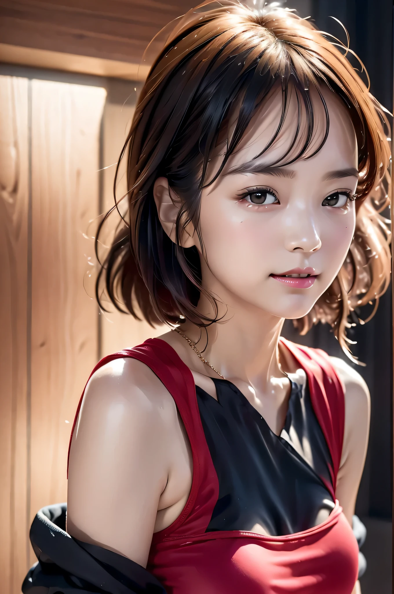 (8k, RAW photo, highest quality, masterpiece:1.2),( close up of face:1.2)Super detailed, super resolution, (realistic, realistic Photo:1.37), portrait, High resolution RAW color photos, professional photos, 非常に詳細で美new, very detailed, 8k wallpaper, surprisingly detailed, huge file size, official art, highly detailed CG unity 8k wallpaper, very detailed美少女, very detailed顔, very detailed目, very detailed肌, very detailed指, very detailed鼻, very detailed詳細な口 , perfect anatomy, very detailed背景, very detailed衣服, 1 girl,, 20th generation, cute girl, realistic body, small, Fair skin, glowing skin , handsome body, black hair , Rolled up hair, (dull bangs:1.2), smile, cute, like々new, cute face, realistic face, delicate eyes, (((red sleeveless dress))), looking at the viewer, cowboy shot, facing the front, Standing position, Opposition, dynamic lighting, very big breasts,