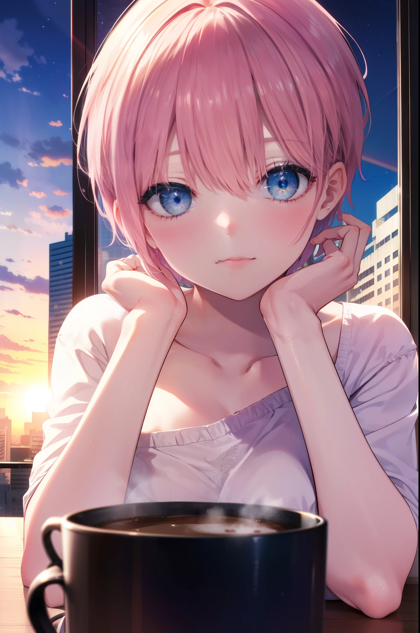 ichikanakano, ichika nakano, short hair, bangs, blue eyes, smile,hair between eyes, messy pink hair,big breasts,white camisole,white short pajama pants,looking sleepy,sitting leaning on the sofa,A coffee mug is placed on the table,window building street,The sun is rising through the gap between the buildings,morning,morning日,sunrise,
break looking at viewer, whole body, Upper body,
break indoors, indoor,
break (masterpiece:1.2), highest quality, High resolution, unity 8k wallpaper, (figure:0.8), (detailed and beautiful eyes:1.6), highly detailed face, perfect lighting, Very detailed CG, (perfect hands, perfect anatomy),