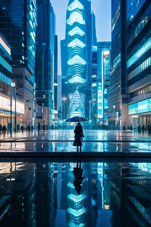 A complex water structure in a futuristic city