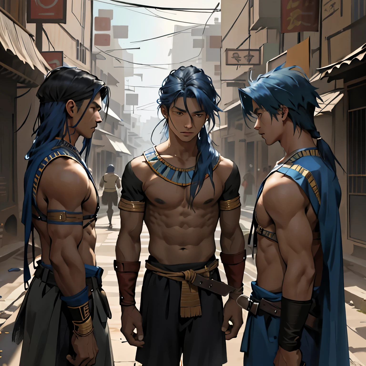 A group of 3 friends  form in a defensive position in the war years., They are talking about how to defend themselves from the enemy army when they invade the city 14 years of bl The 14-year-old boy with saigair w his back uncovered and his chest bare but dressed in typical clothes of ancient Egypt with dark skin walking lost through the different streets of a city is noon. doferentes angulos mira la ciudad desde lo slto de una colina.