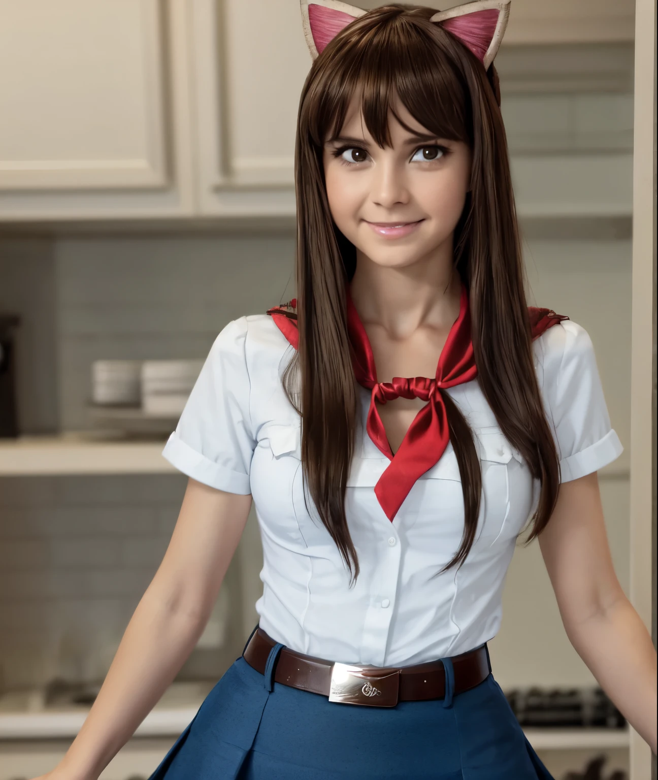 very young slim fit girl, pioneer neckerchief, very short blue skirt, bangs, collarbone, tight white shirt, bursting breast, short sleeves, collared shirt, belt, red neckerchief, full height, rounded face, very long disheveled dark brown hair, big brown eyes, sluty smile, perfect flat breast, parororo, band on head with fake cat ears, ginagerson 