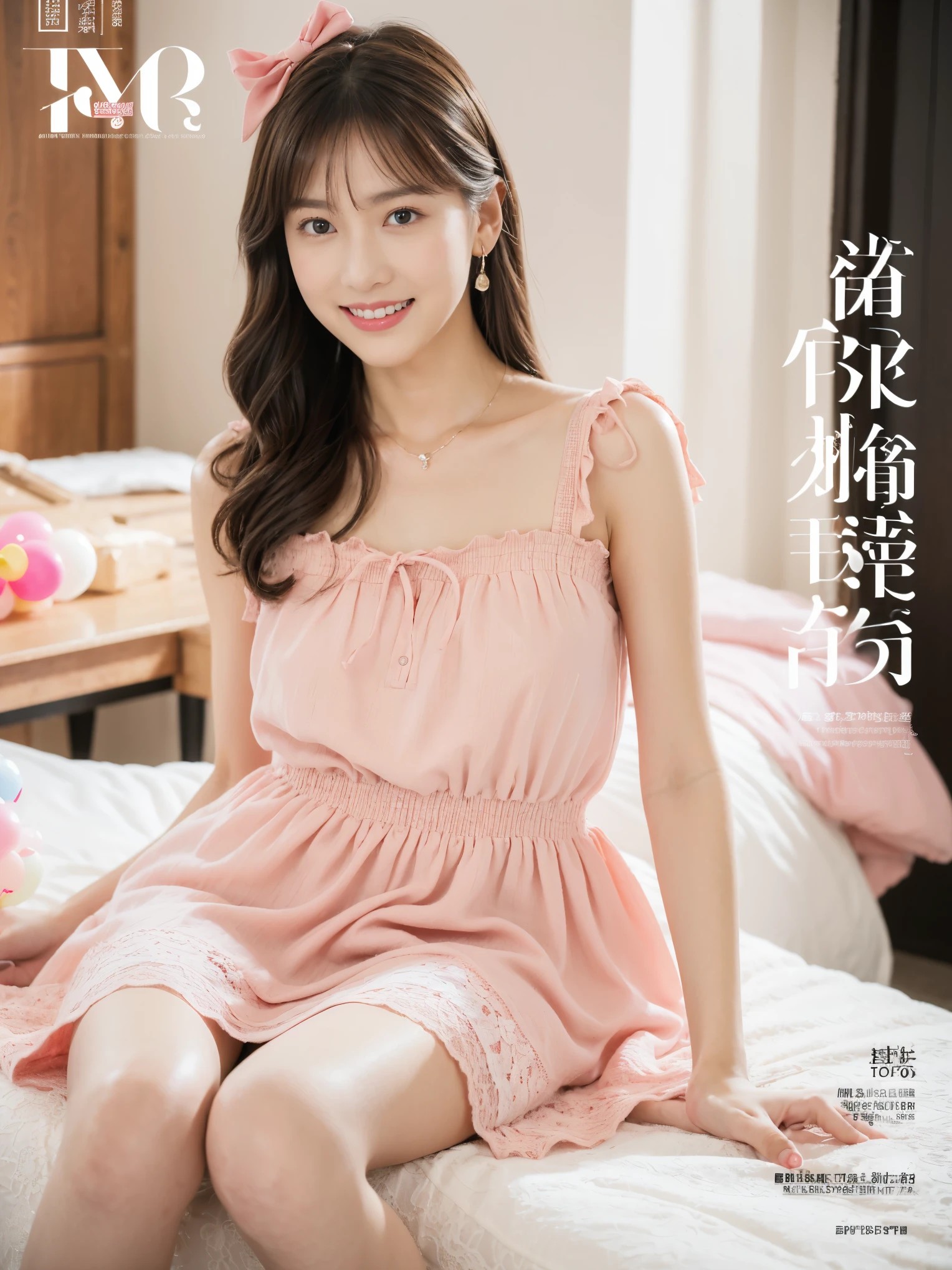 ((Masterpiece, Top image quality, high resolution、alone、skin shiny))(on the table, best quality, actual, super detailed, meticulous, high resolution, 8k wallpaper), Close-up portrait of a beautiful woman, like, smiling, light brown messy hair, Perfect dynamic composition, 美丽meticulous的眼睛, Just like the cover of a fashion magazine, on campus,Gorgeous costumes,hot stamping clothing,One wearing a gauzy pink dress,An 8-year-old girl with long black hair and a pink bow hairpin sits on the ground holding balloons,White lace stockings that don’t go beyond the knee,Girly bedroom,Pink girl's room decoration。