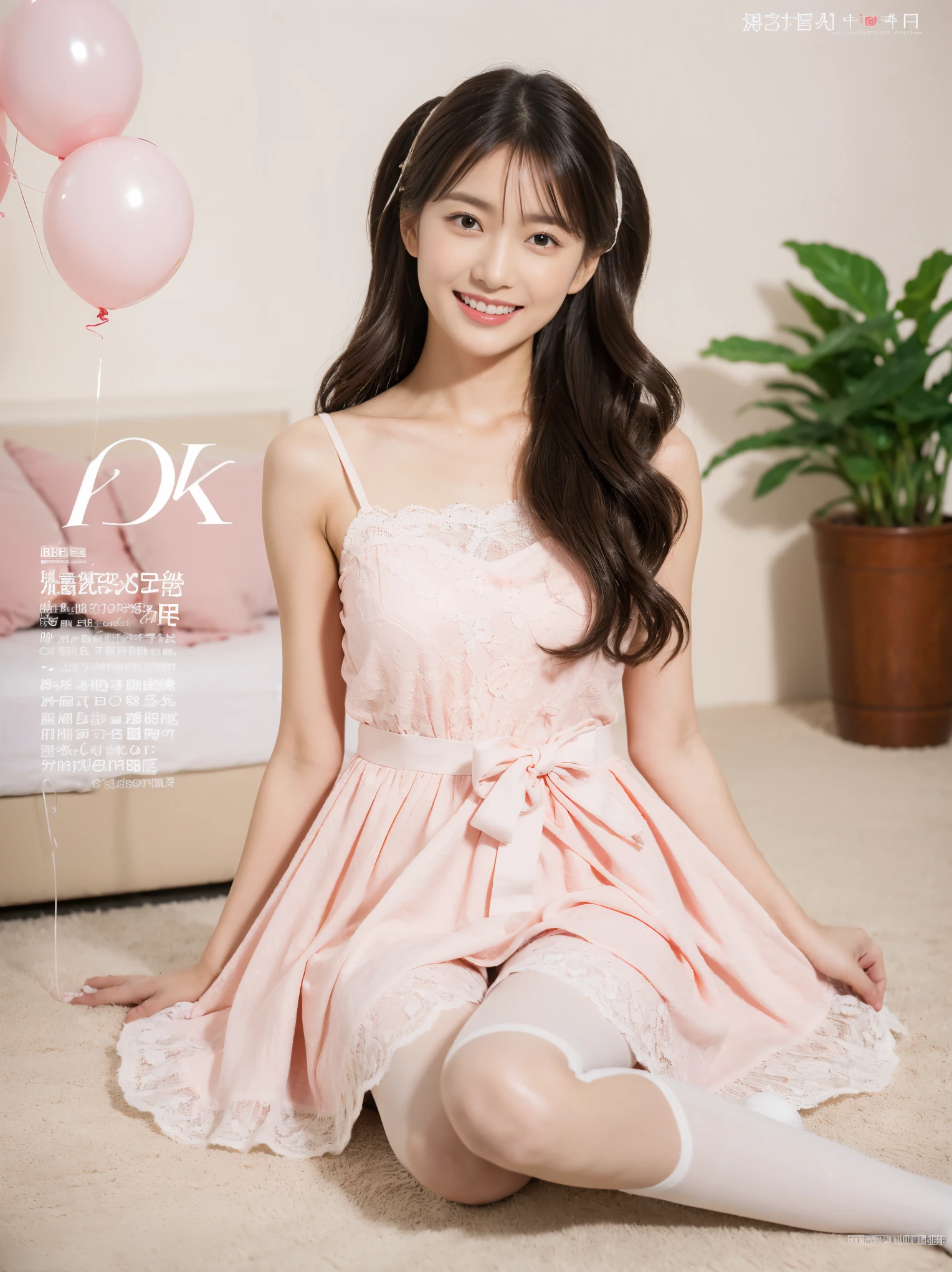 ((​Masterpiece, Top image quality, high resolution、alone、skin shiny))(on the table, best quality, actual, super detailed, meticulous, high resolution, 8k wallpaper), Close-up portrait of a beautiful woman, like, smiling, light brown messy hair, Perfect dynamic composition, 美丽meticulous的眼睛, Just like the cover of a fashion magazine, on campus，Gorgeous costumes，hot stamping clothing，One wearing a gauzy pink dress，An 8-year-old girl with long black hair and a pink bow hairpin sits on the ground holding balloons，White lace stockings that don’t go beyond the knee，Girly bedroom，Pink girl&#39;s room decoration。