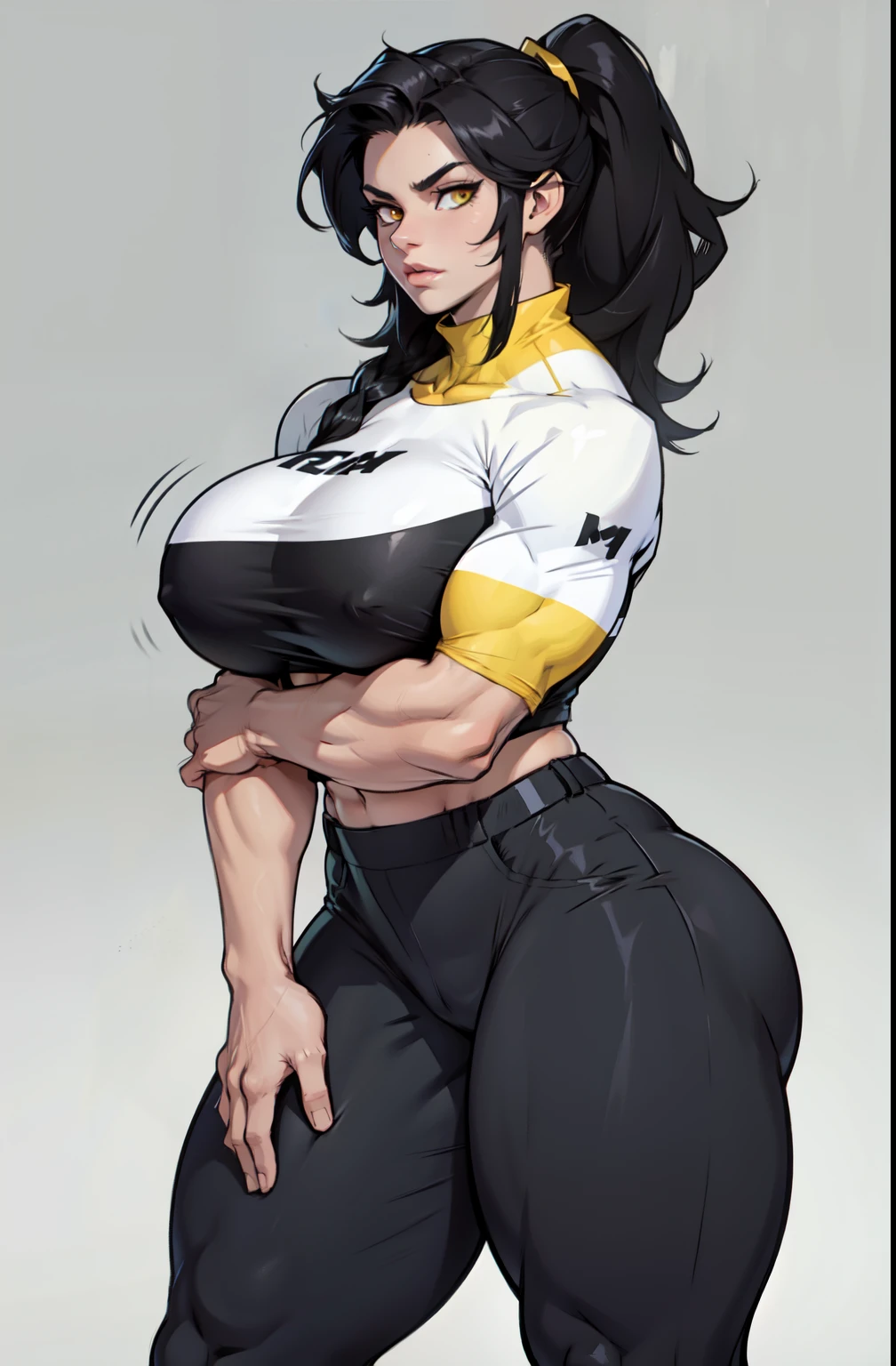 huge muscles breasts huge thighs toned body athletic tight shirt tight pants black hair yellow eyes pale skin perfect woman