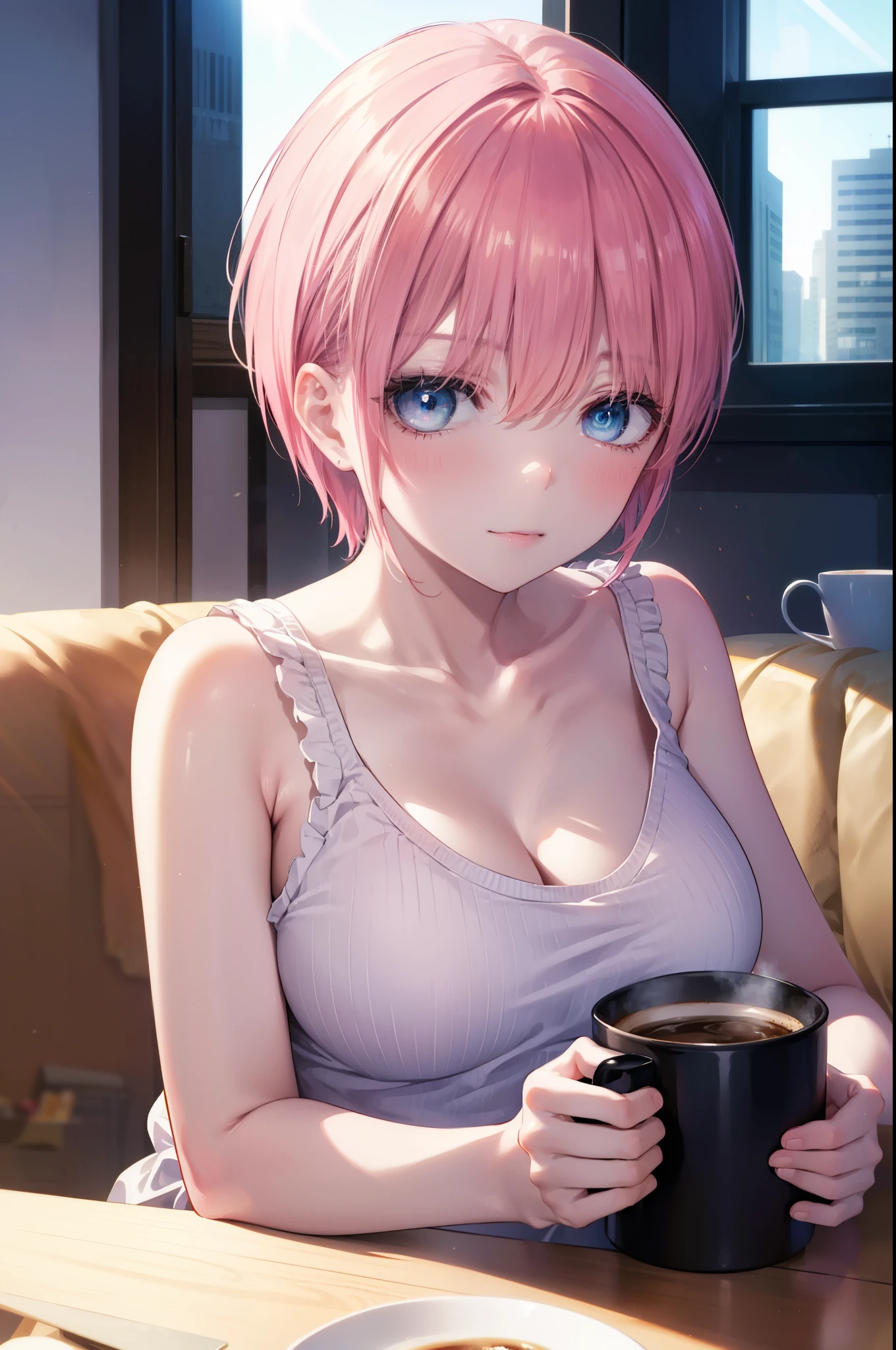 ichikanakano, ichika nakano, short hair, bangs, blue eyes, smile,hair between eyes, messy pink hair,big breasts,white camisole,white short pajama pants,looking sleepy,sitting leaning on the sofa,A coffee mug is placed on the table,window building street,The sun is rising through the gap between the buildings,morning,morning日,sunrise,
break looking at viewer, whole body, Upper body,
break indoors, indoor,
break (masterpiece:1.2), highest quality, High resolution, unity 8k wallpaper, (figure:0.8), (detailed and beautiful eyes:1.6), highly detailed face, perfect lighting, Very detailed CG, (perfect hands, perfect anatomy),