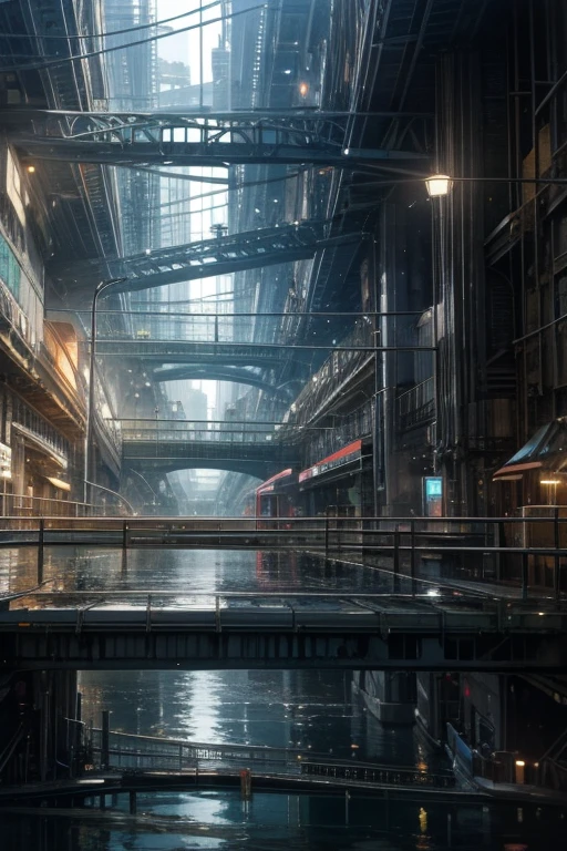 A complex water structure in a futuristic city