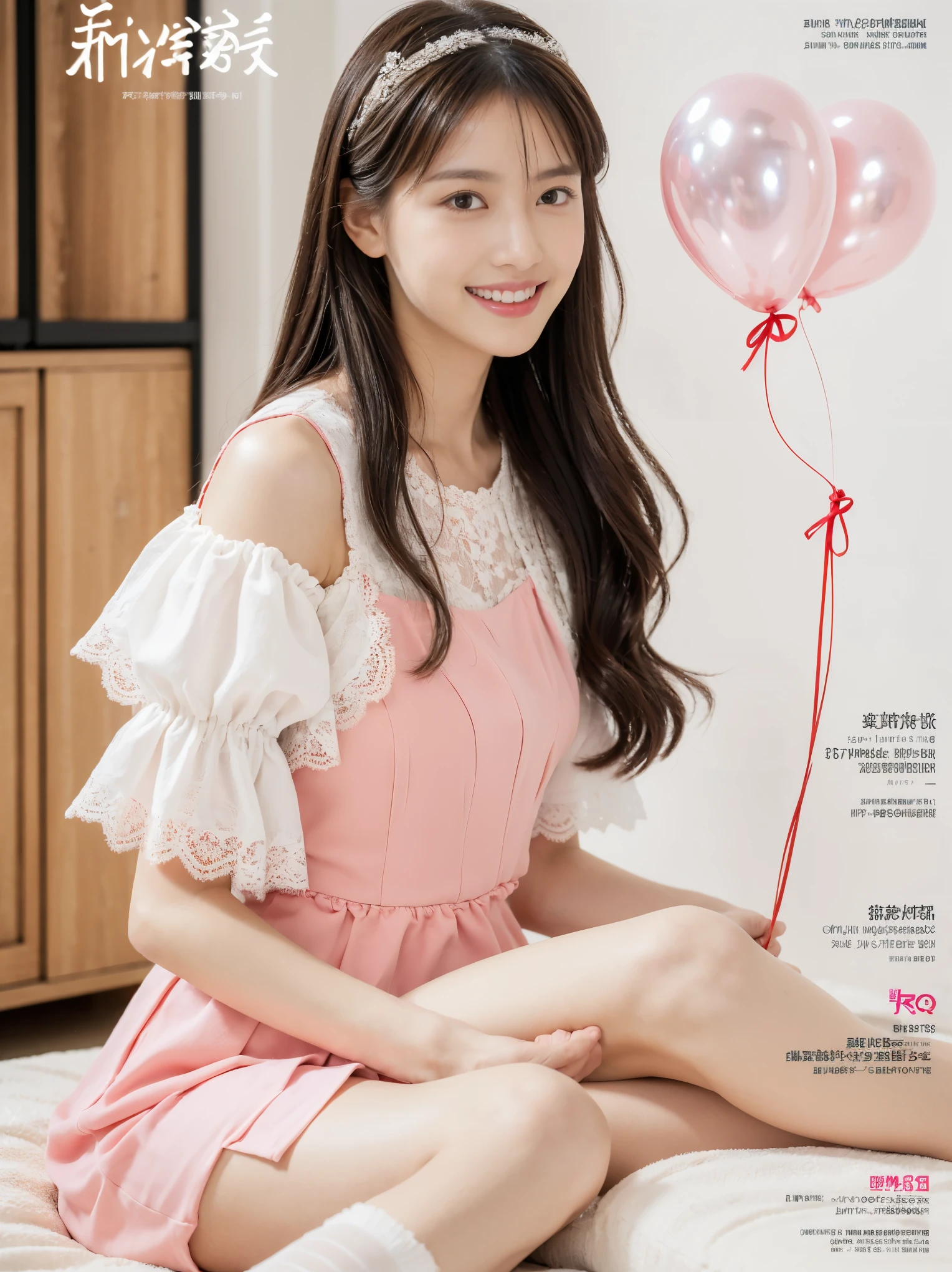 ((Masterpiece, Top image quality, high resolution、alone、skin shiny))(on the table, best quality, actual, super detailed, meticulous, high resolution, 8k wallpaper), Close-up portrait of a beautiful woman, like, smiling, light brown messy hair, Perfect dynamic composition, 美丽meticulous的眼睛, Just like the cover of a fashion magazine, on campus,Gorgeous costumes,hot stamping clothing,One wearing a gauzy pink dress,An 8--old l with long black hair and a pink bow hairpin sits on the ground holding balloons,White lace stockings that don’t go beyond the knee,Girly bedroom,Pink girl's room decoration。