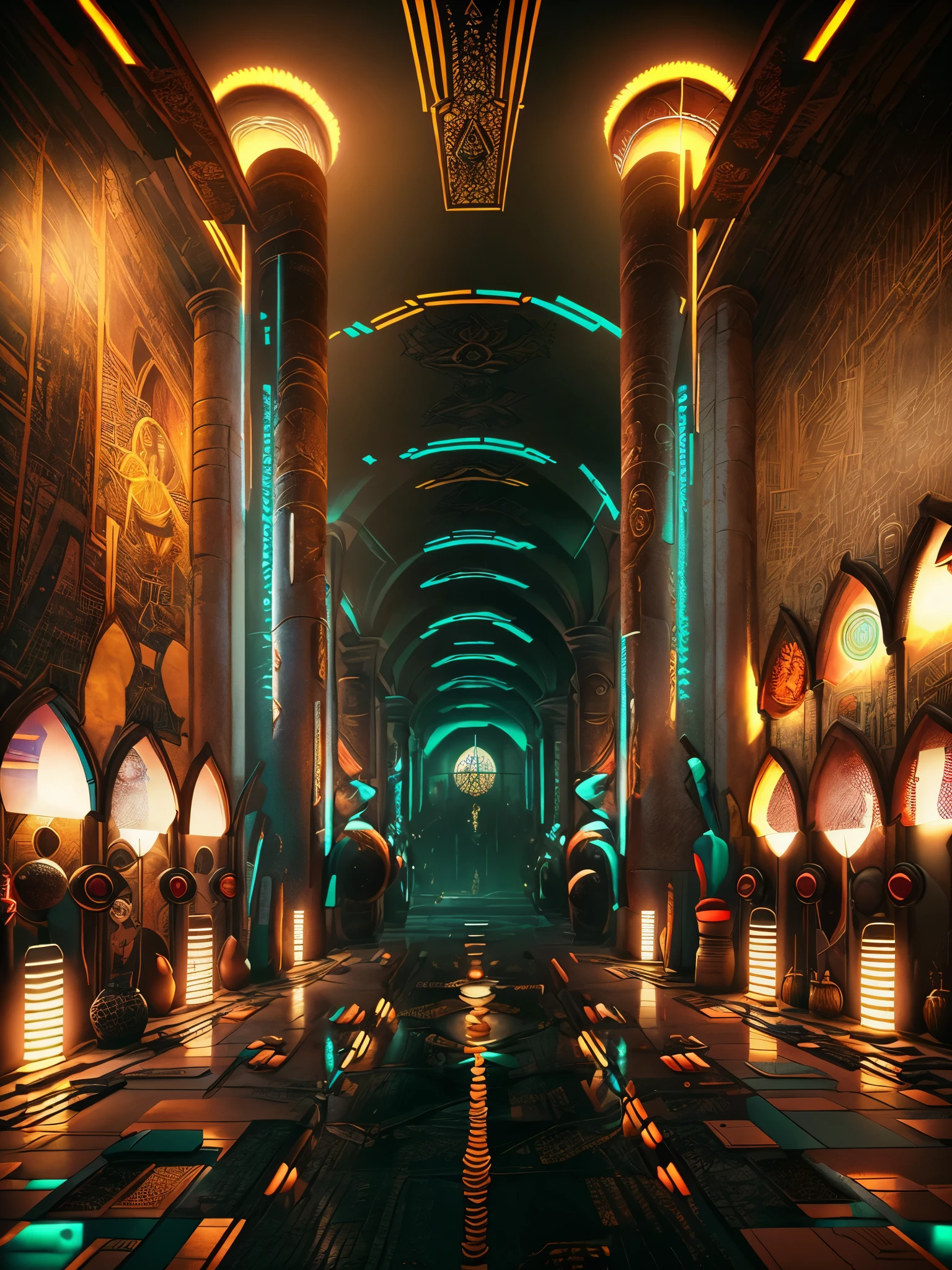 Corridor with paintings of men and women , null, no human, scenery, architecture, pillar, picture, Stained glass, church, arch , building, city, ((no_human, scenery , Beeple, cyberpunk style, cyberpunk art, retro future , occult , difficult to understand )), ((The depiction has depth from the bottom to the back.)). taj mahal style