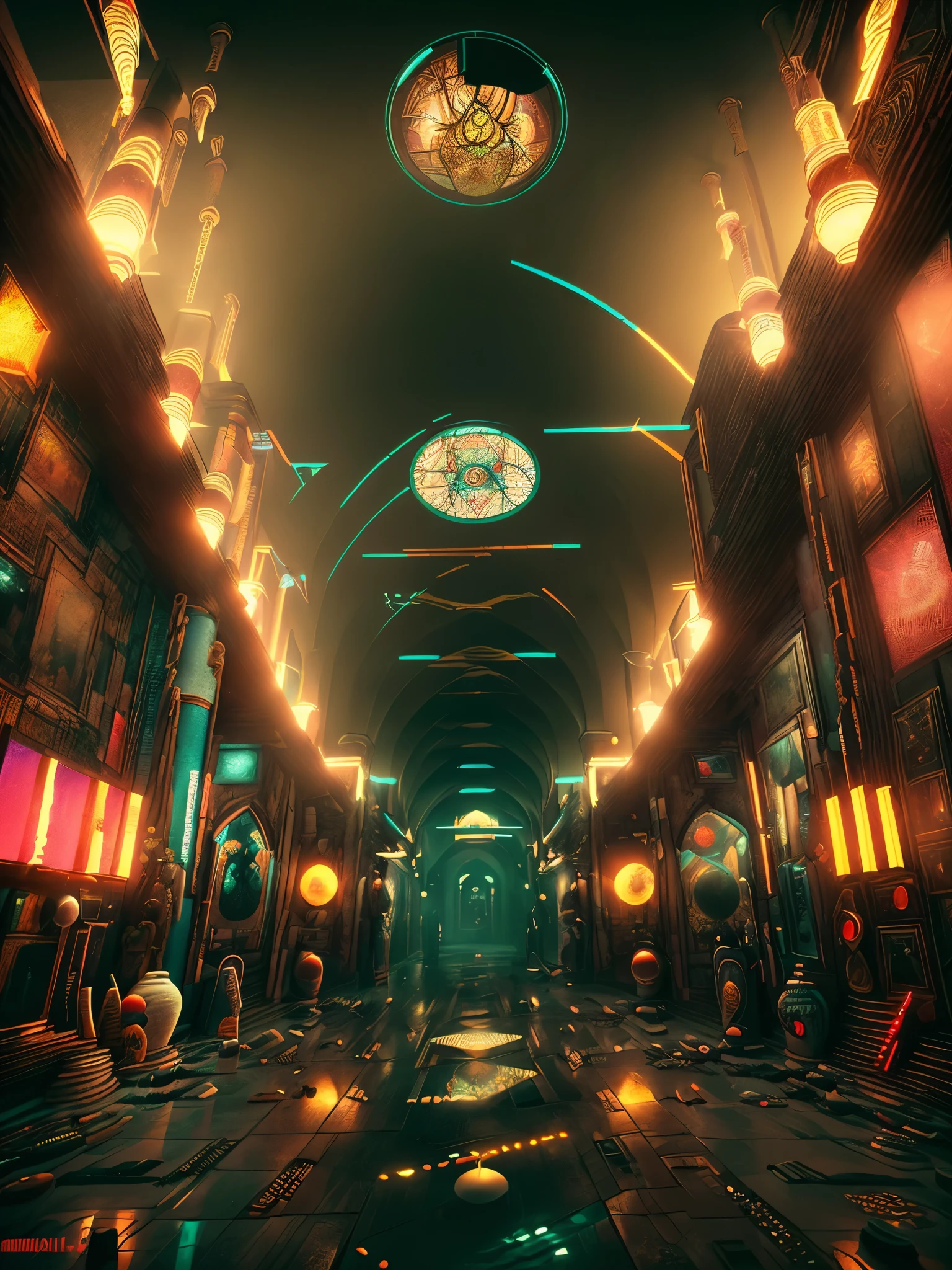 Corridor with paintings of men and women , null, no human, scenery, architecture, pillar, picture, Stained glass, church, arch , building, city, ((no_human, scenery , Beeple, cyberpunk style, cyberpunk art, retro future , occult , difficult to understand )), ((The depiction has depth from the bottom to the back.)). taj mahal style